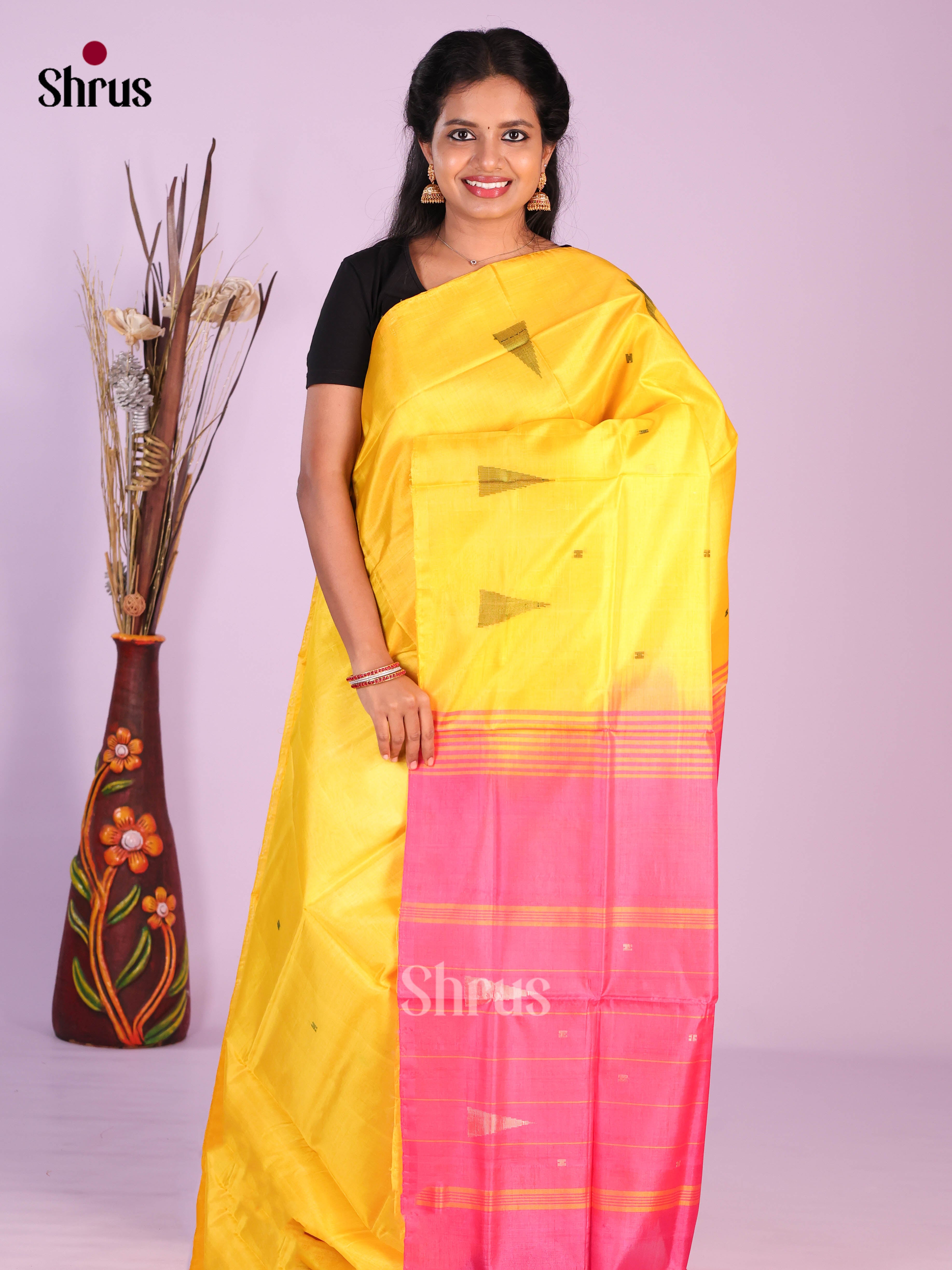 Yellow & Pink - Banana Pith without blouse Saree