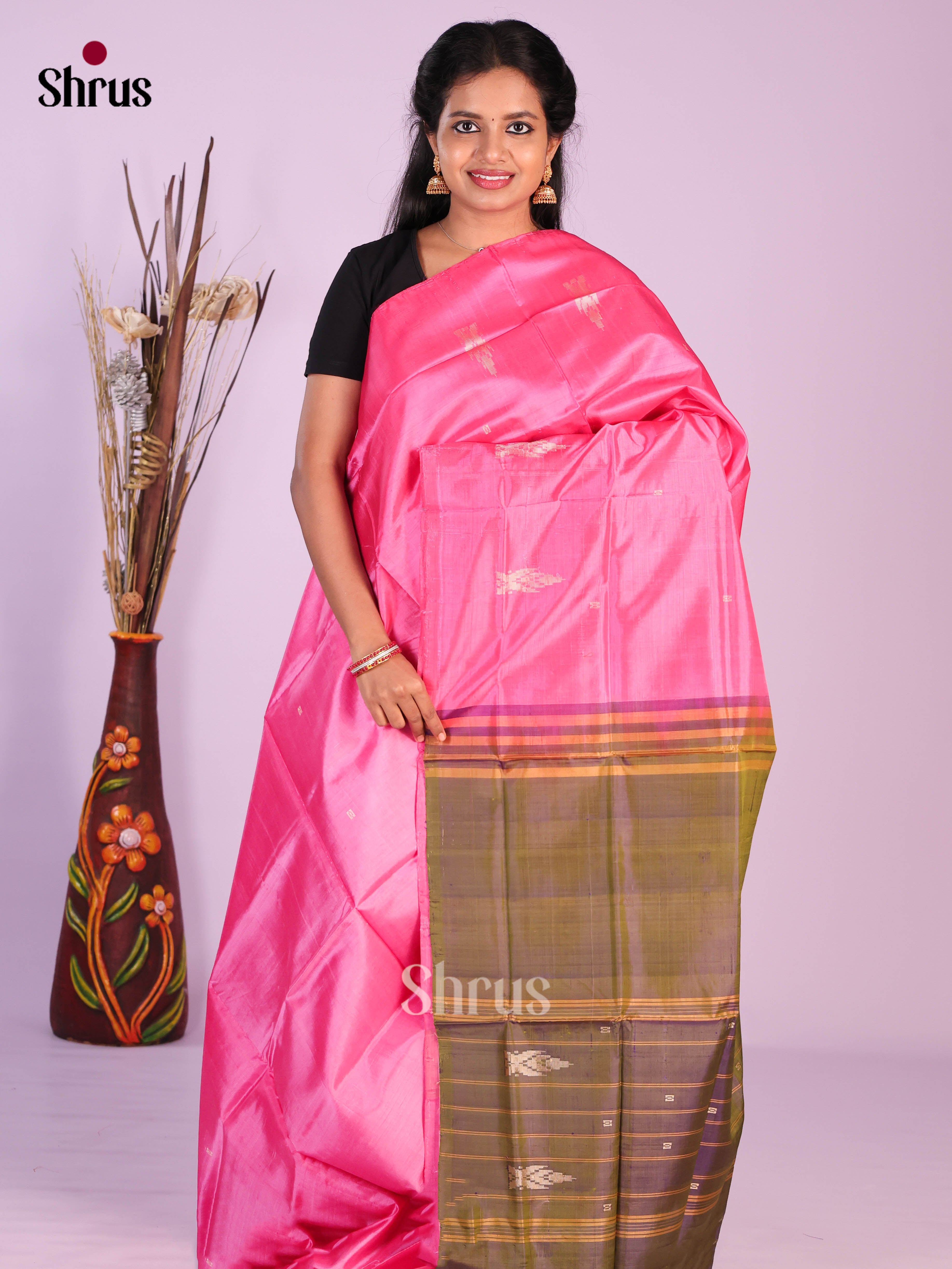 Pink & Green- Banana Pith without blouse Saree - Shop on Shrus.com