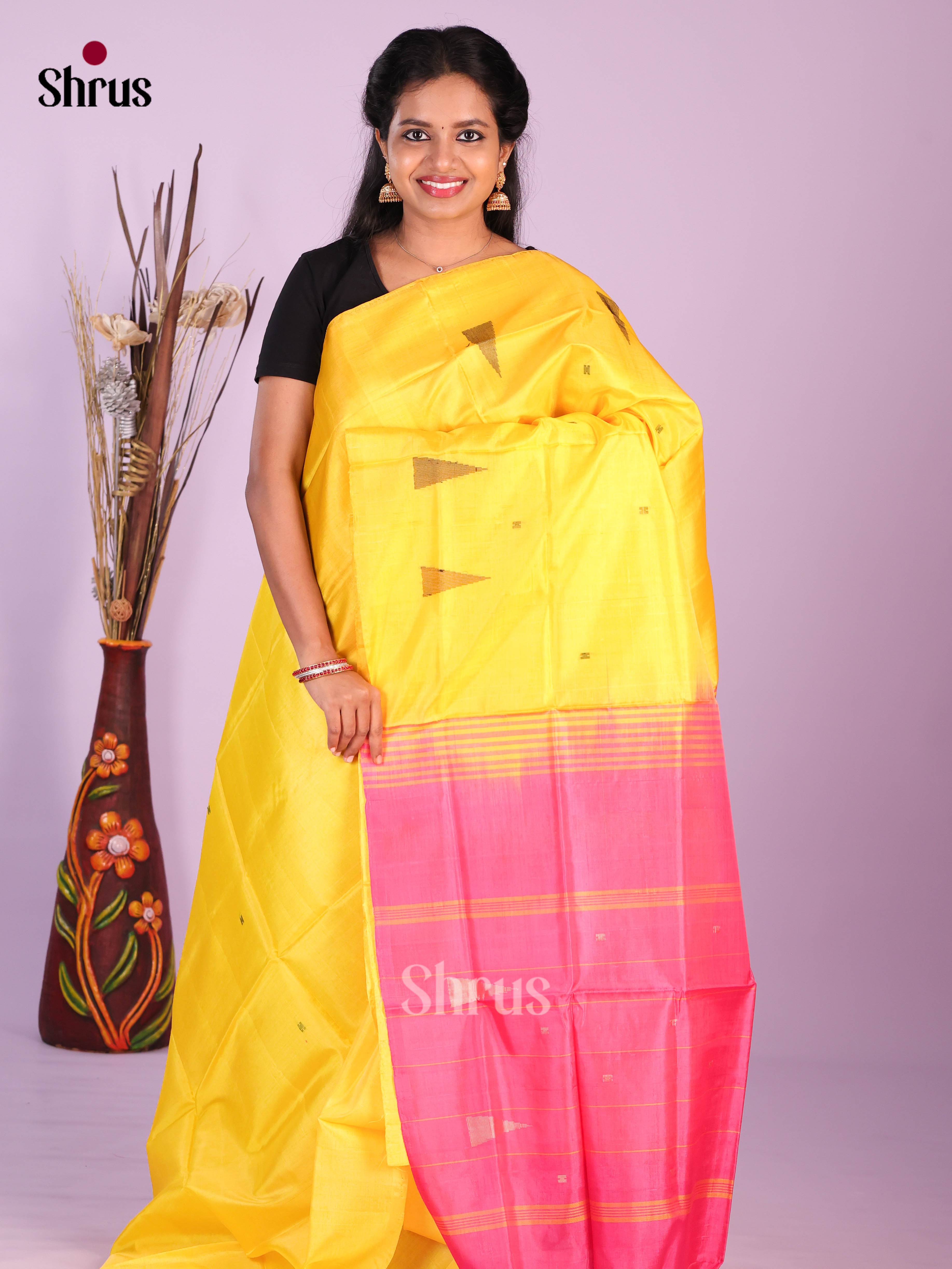 Yellow & Pink - Banana Pith without blouse Saree