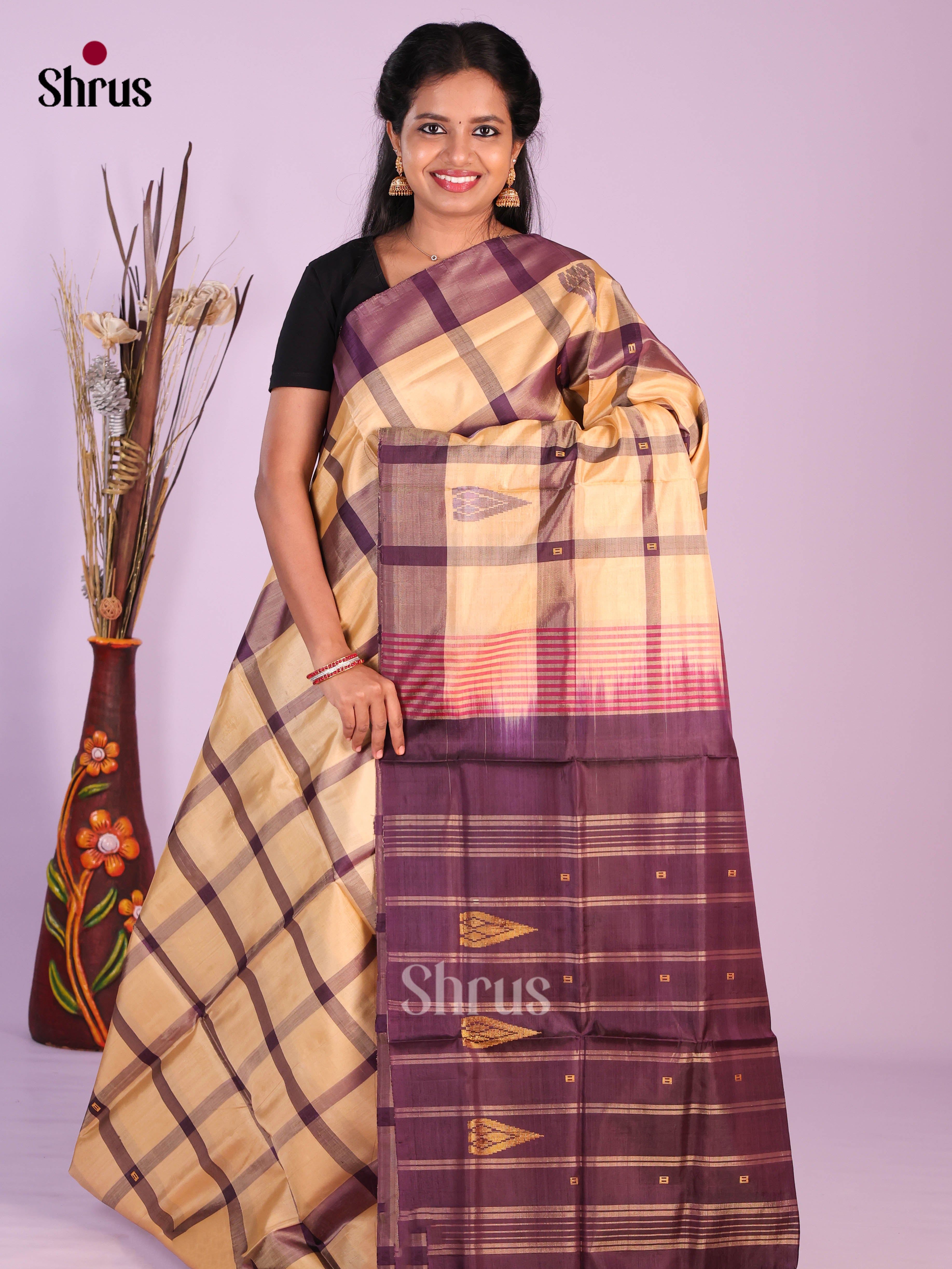 Sandal & Purple - Banana Pith without blouse Saree - Shop on Shrus.com