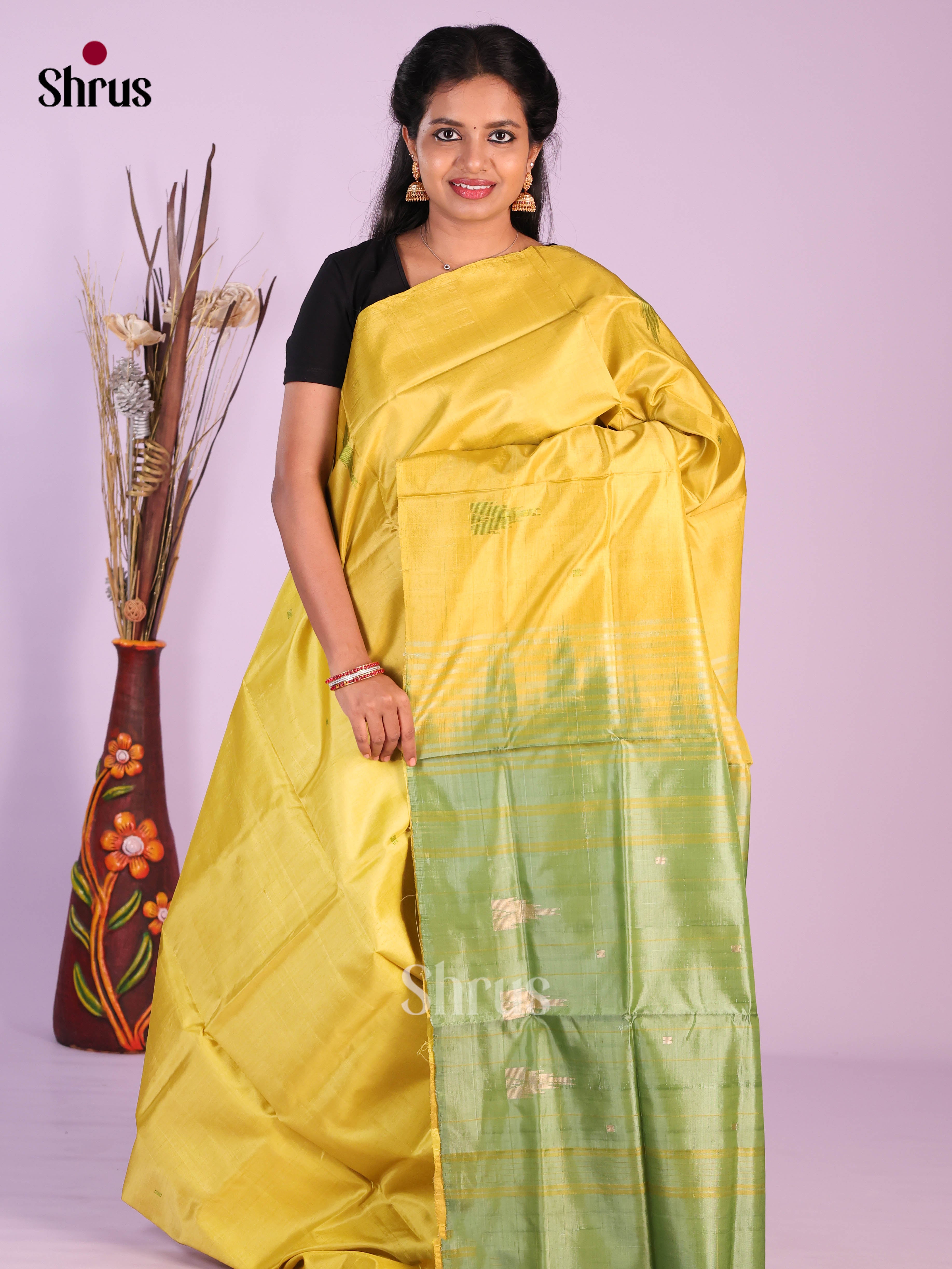 Yellow & Green - Banana Pith without blouse Saree