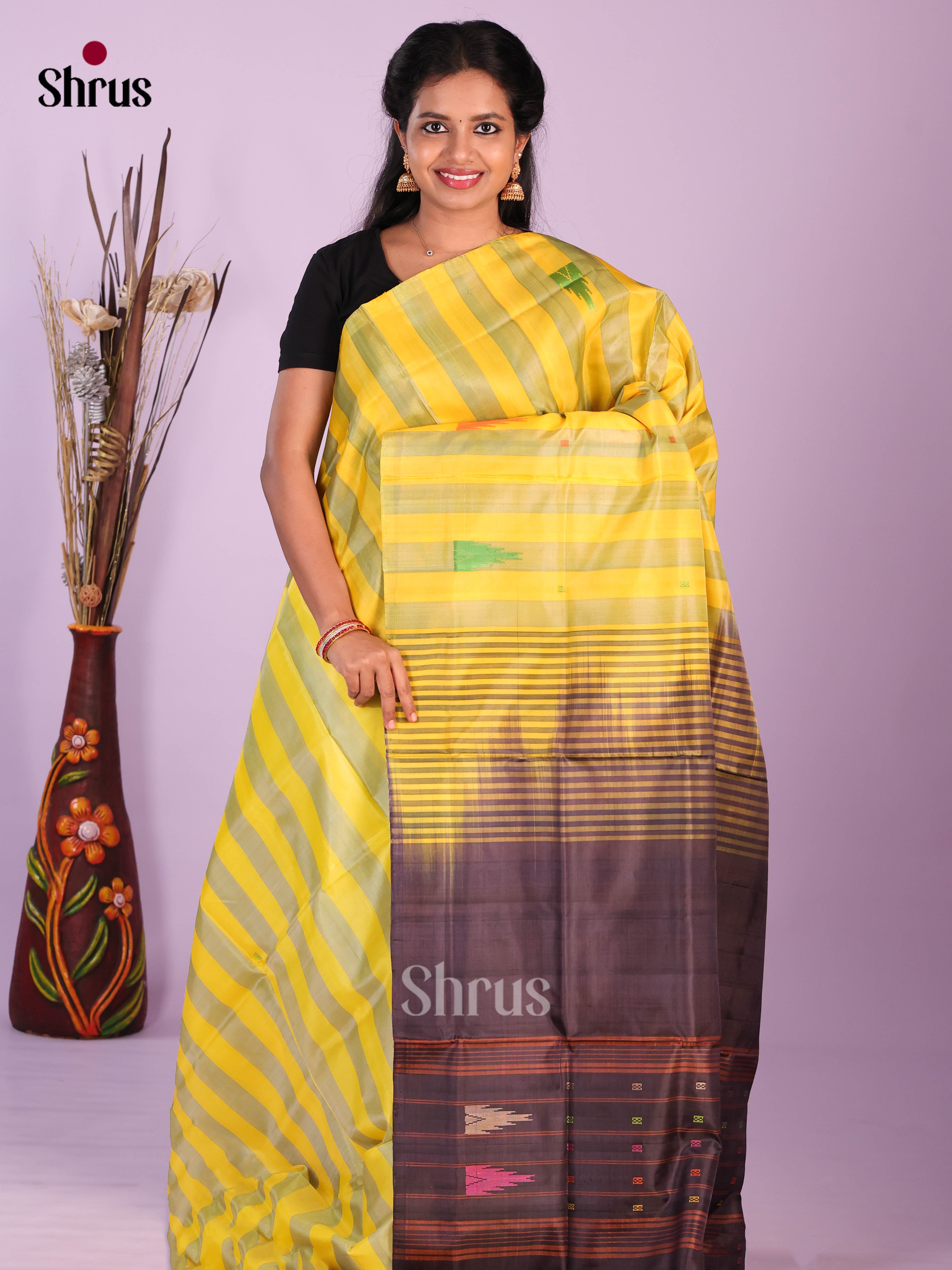 Yellow & Jamun - Banana Pith without blouse Saree