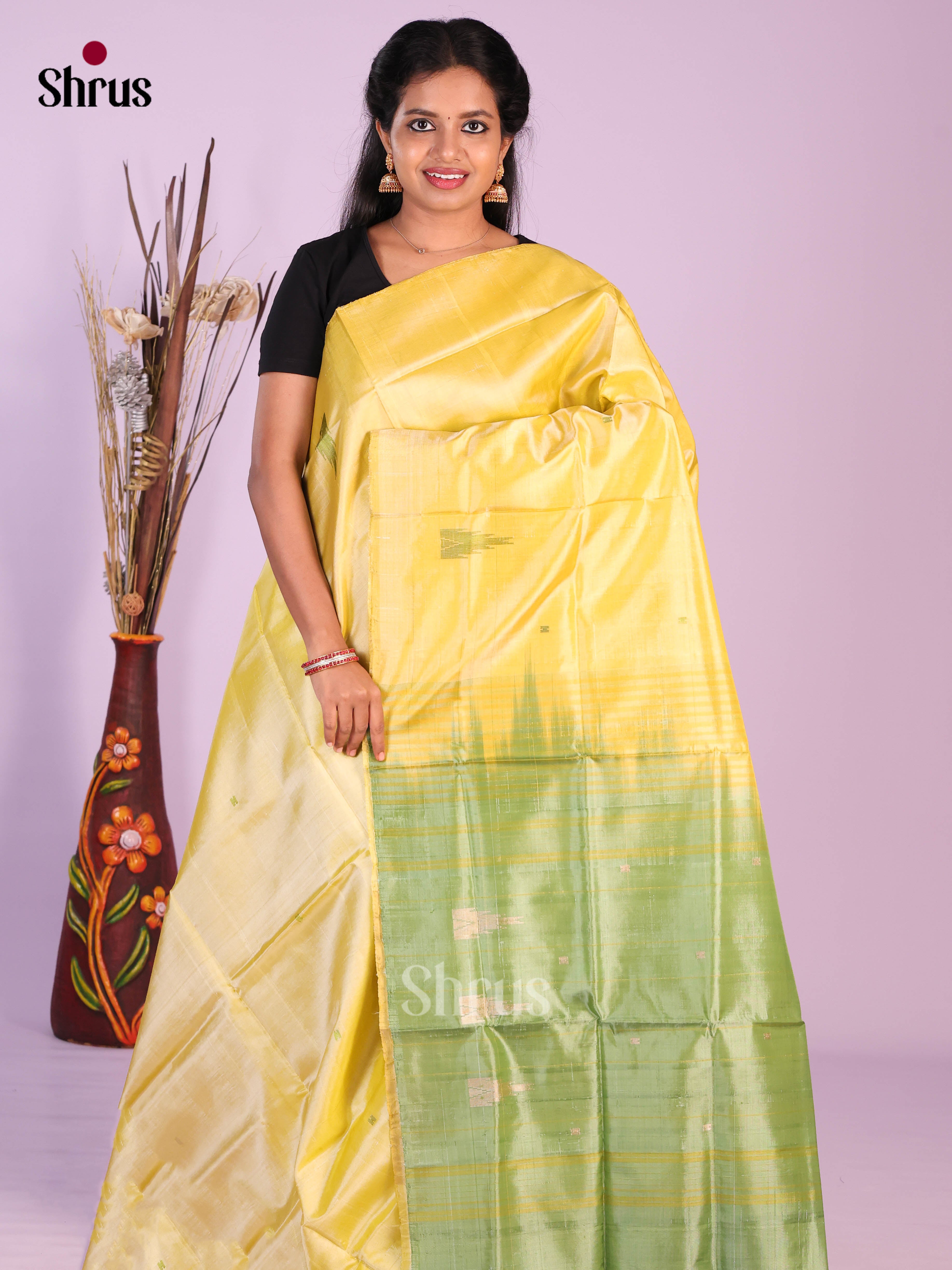 Yellow & Green - Banana Pith without blouse Saree