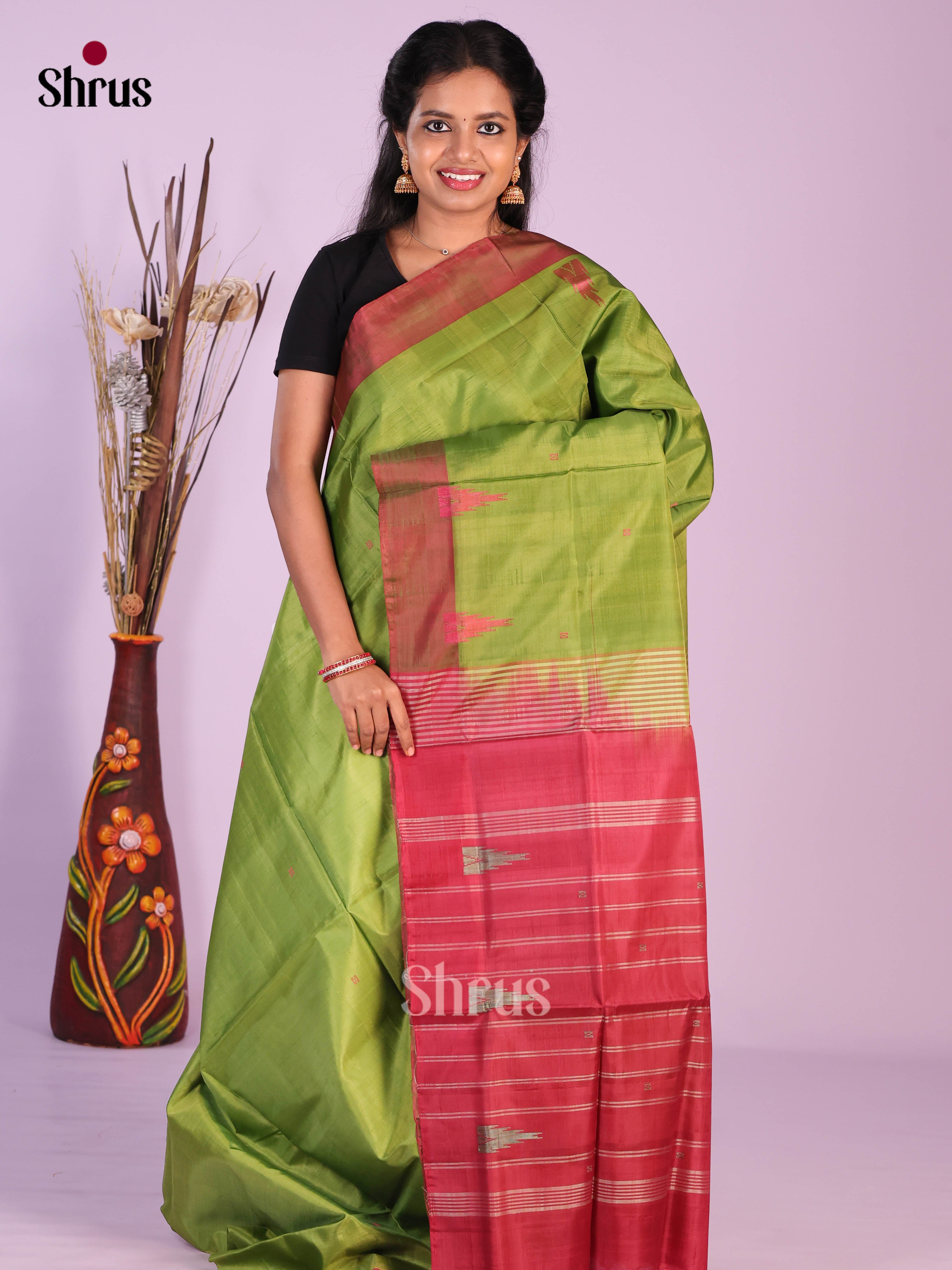 Green & Maroon - Banana Pith without blouse Saree - Shop on Shrus.com