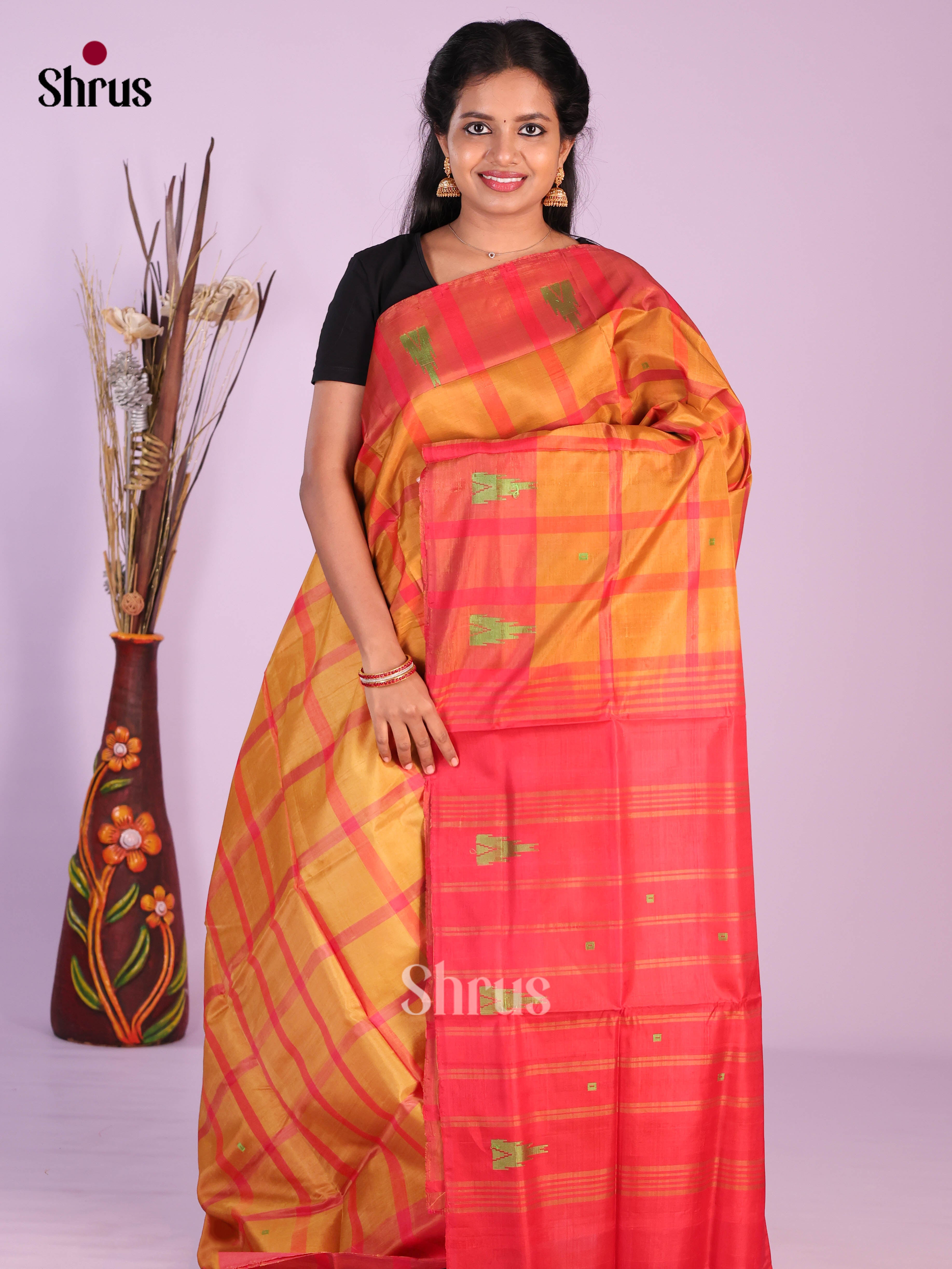mustard & Red - Banana Pith without blouse Saree - Shop on Shrus.com