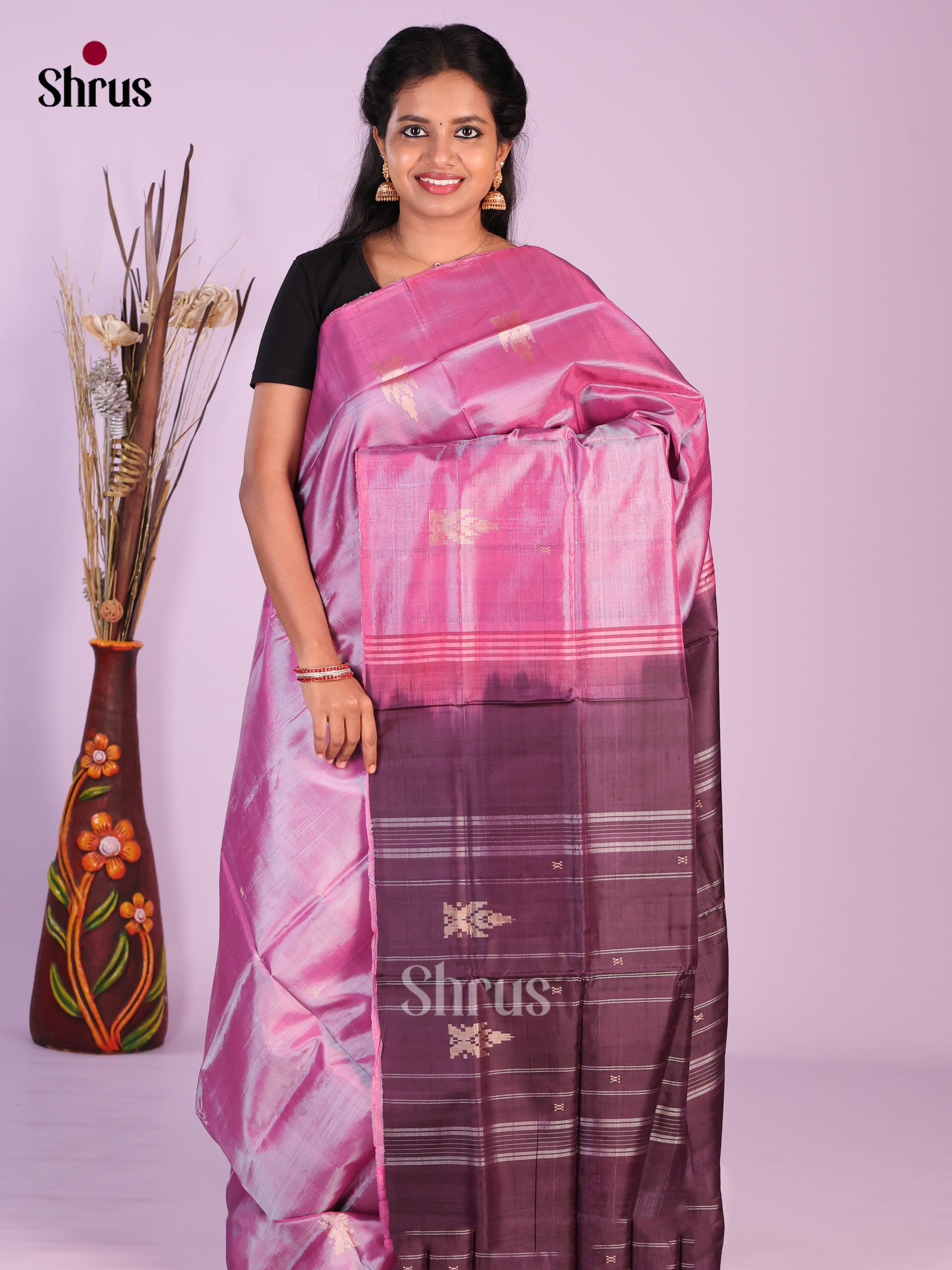 Lavender & Jamun- Banana Pith without blouse Saree - Shop on Shrus.com