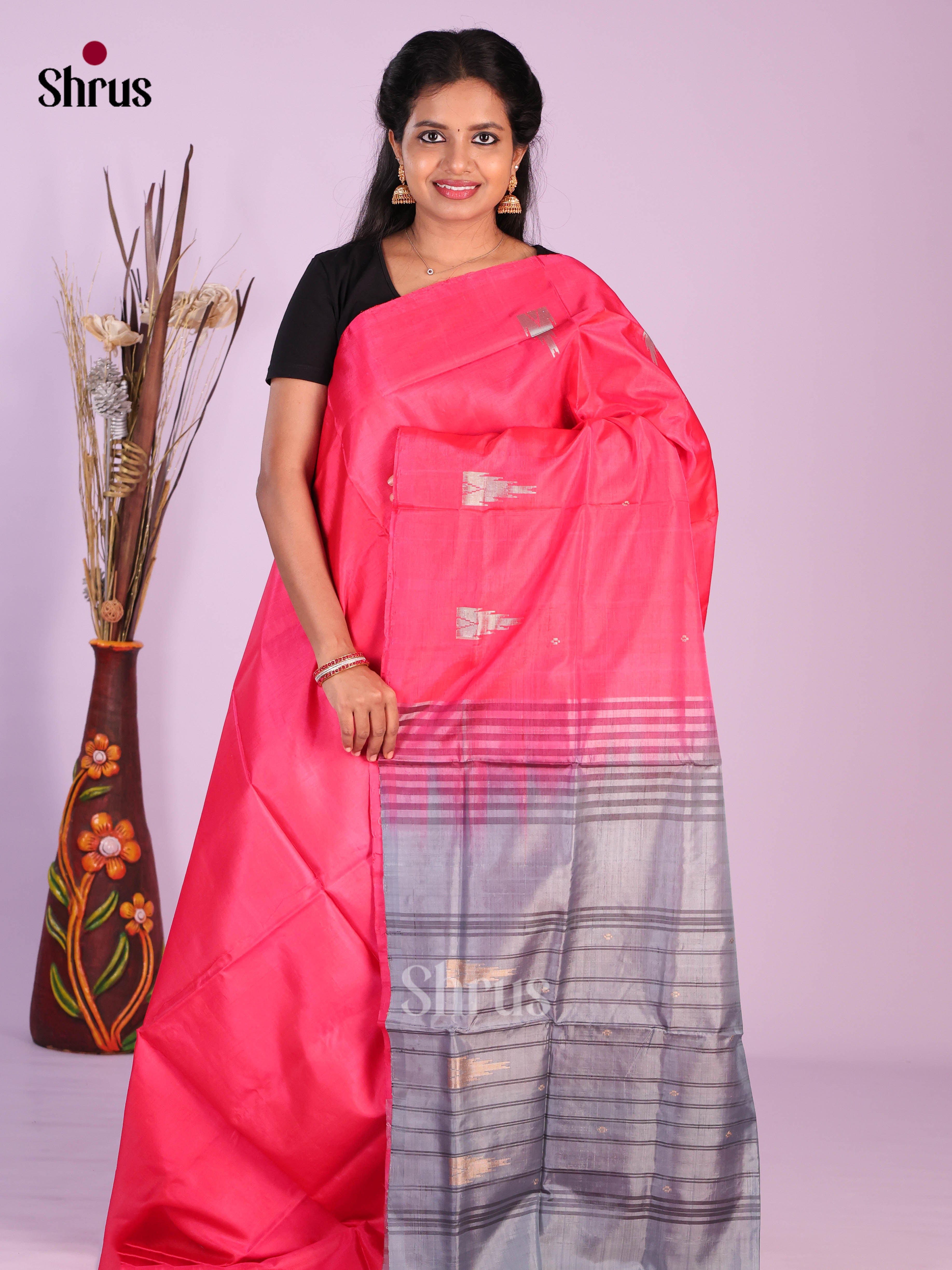 Pink & Grey - Banana Pith without blouse Saree - Shop on Shrus.com
