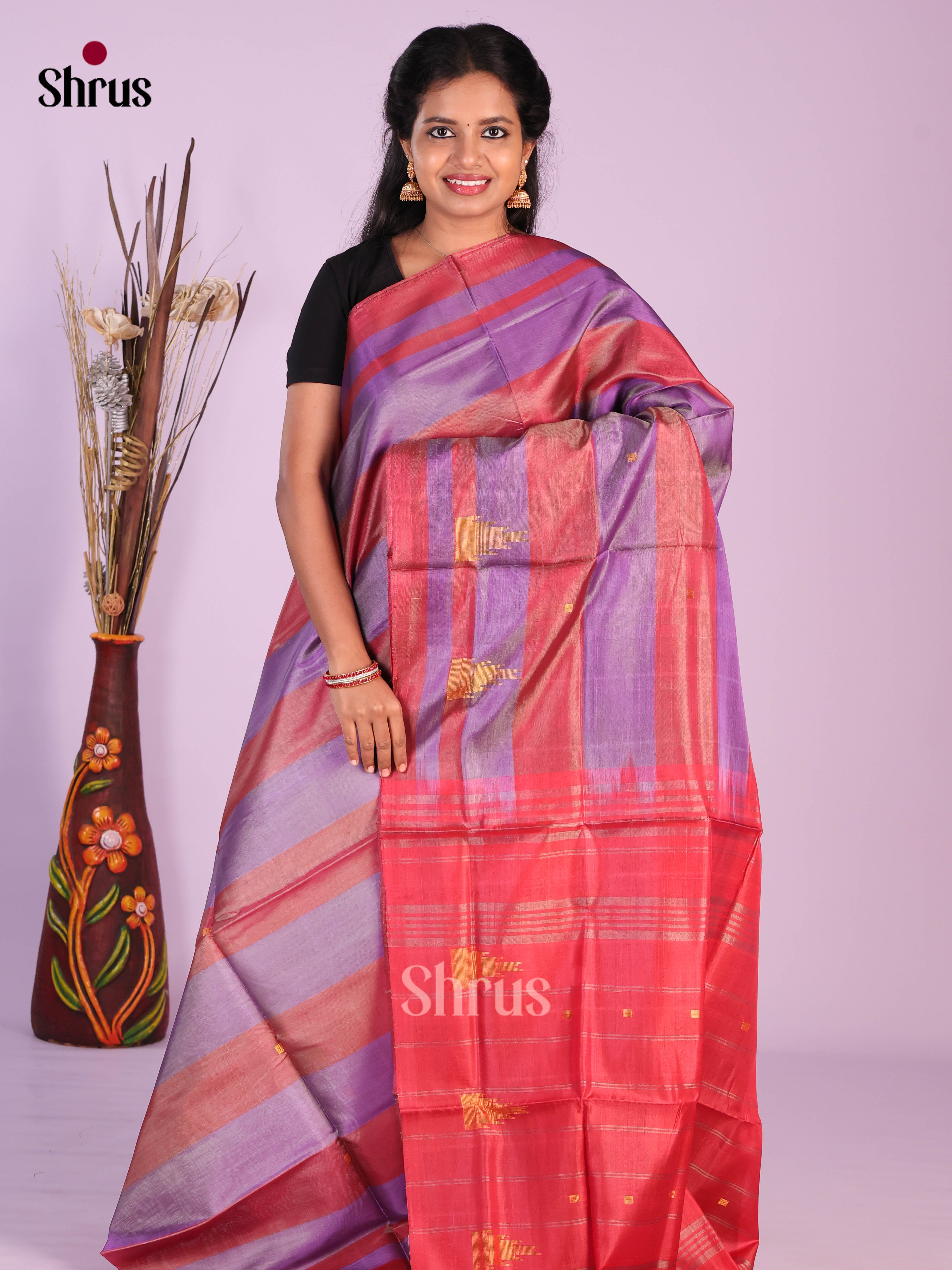 Purple & Red - Banana Pith without blouse Saree