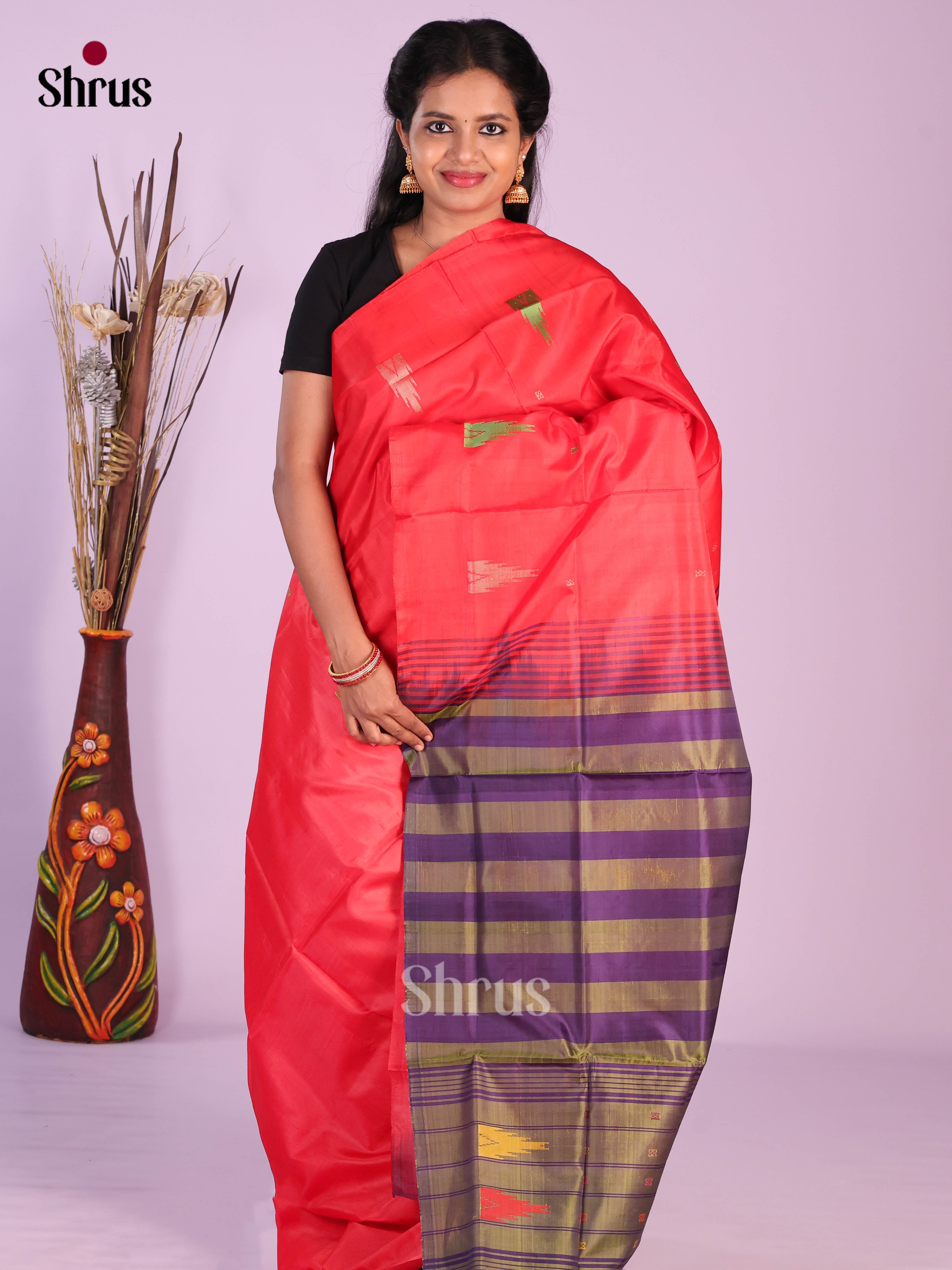 Red & Purple - Banana Pith without blouse Saree