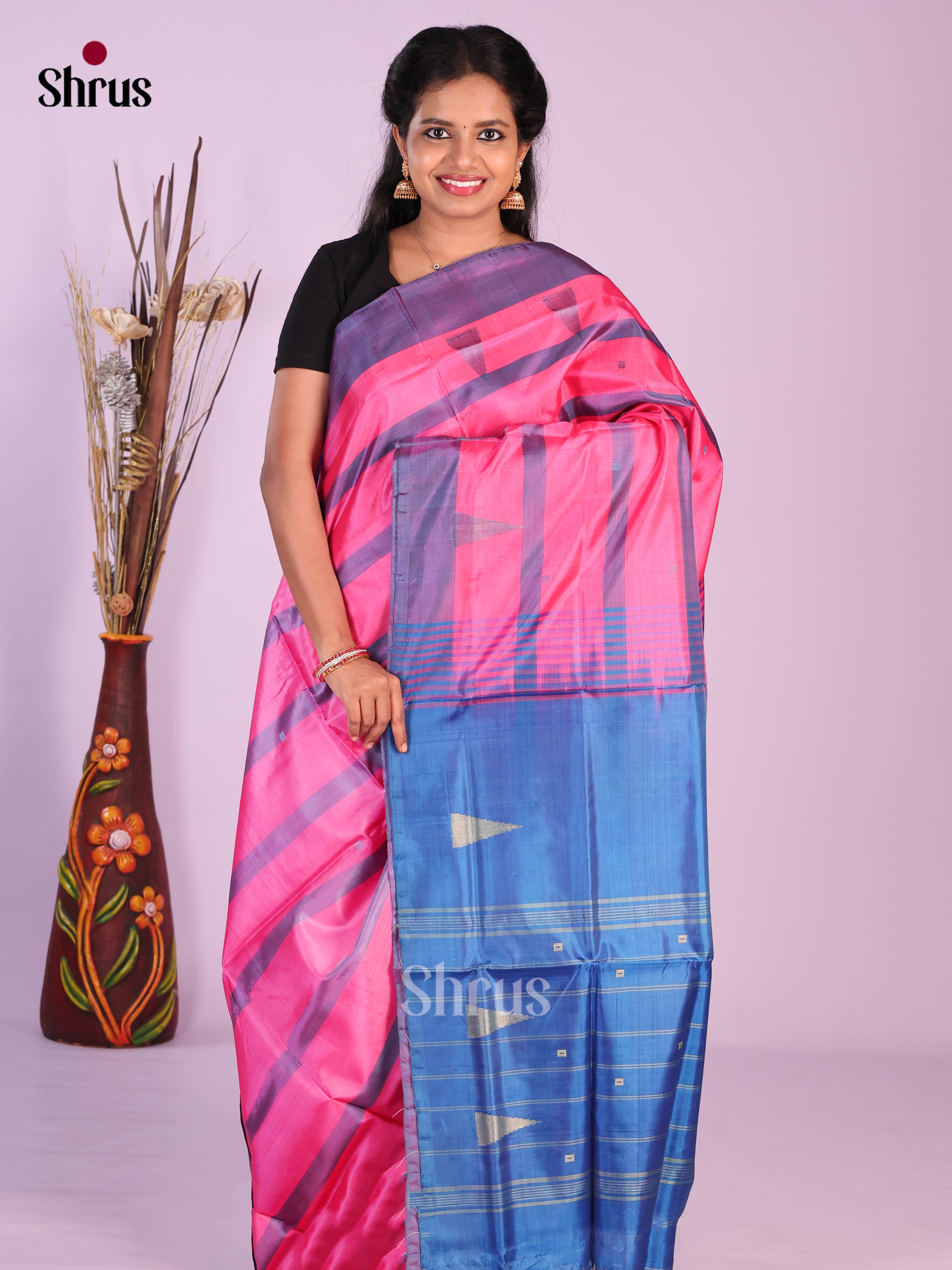 Pink & Blue- Banana Pith without blouse Saree - Shop on Shrus.com