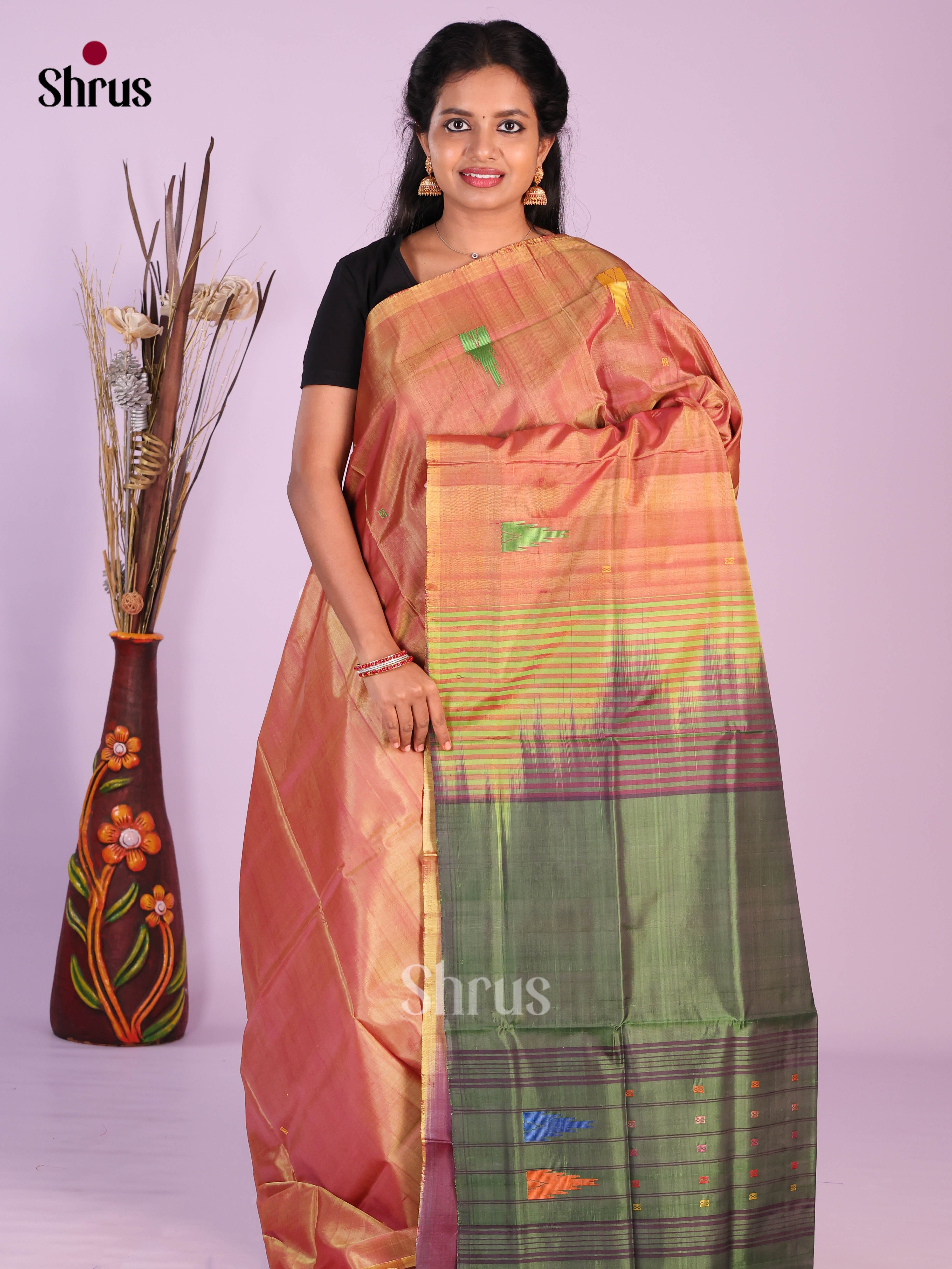 Double Shaded Orange & Green - Banana Pith without blouse Saree - Shop on Shrus.com