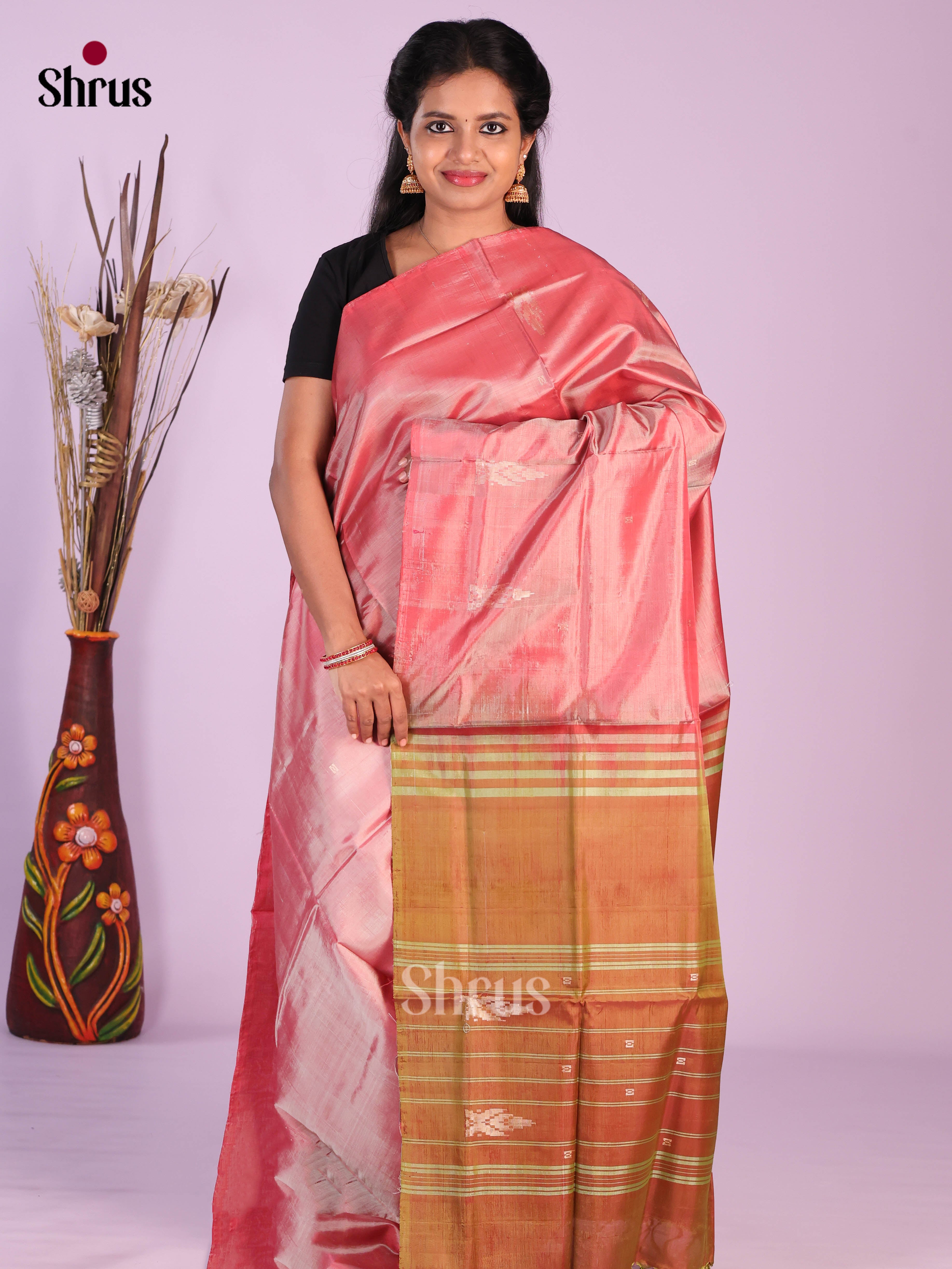 Pink & Double Shaded Green - Banana Pith without blouse Saree - Shop on Shrus.com