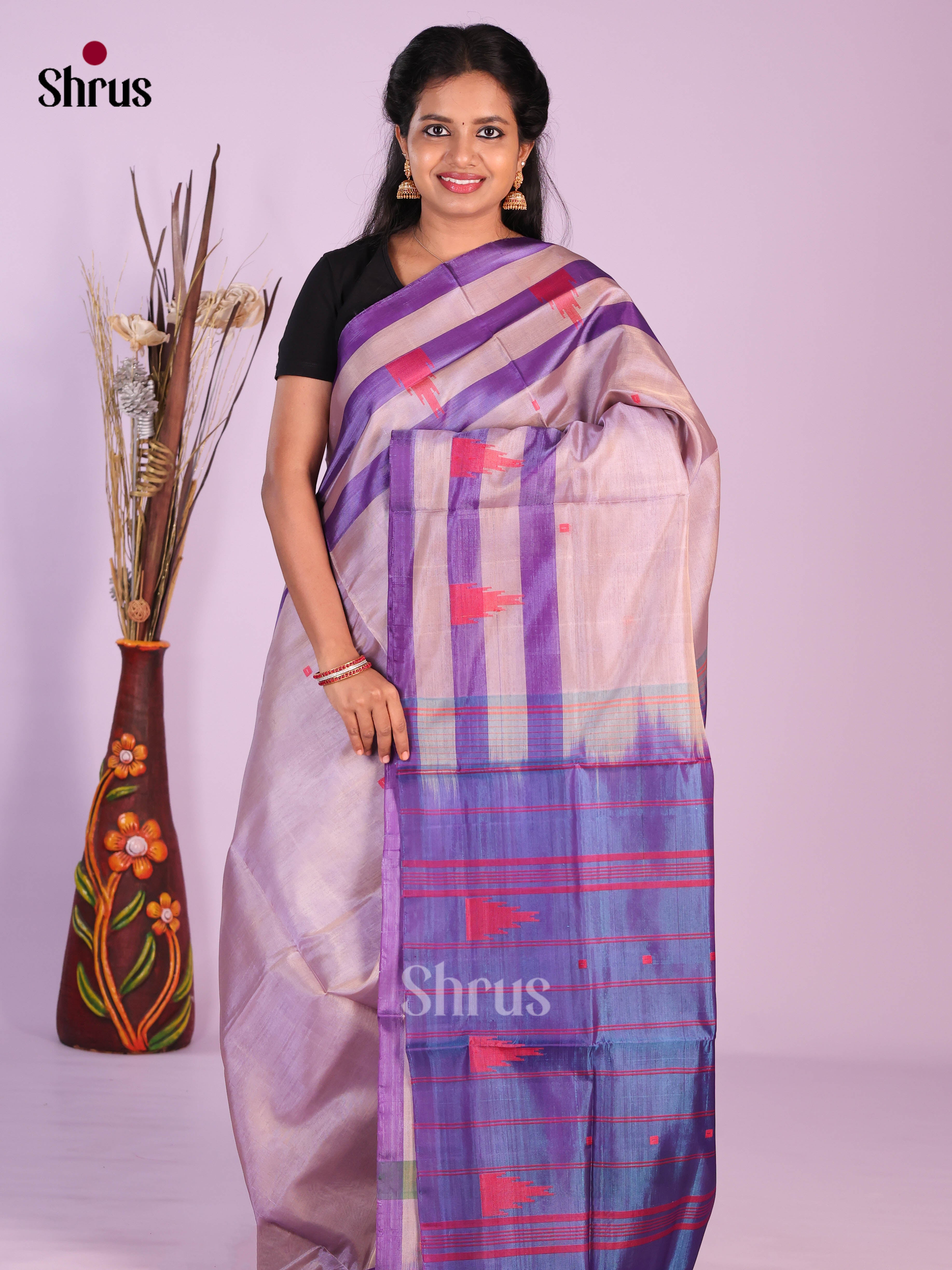 Mild Lavender & Blue - Banana Pith without blouse Saree