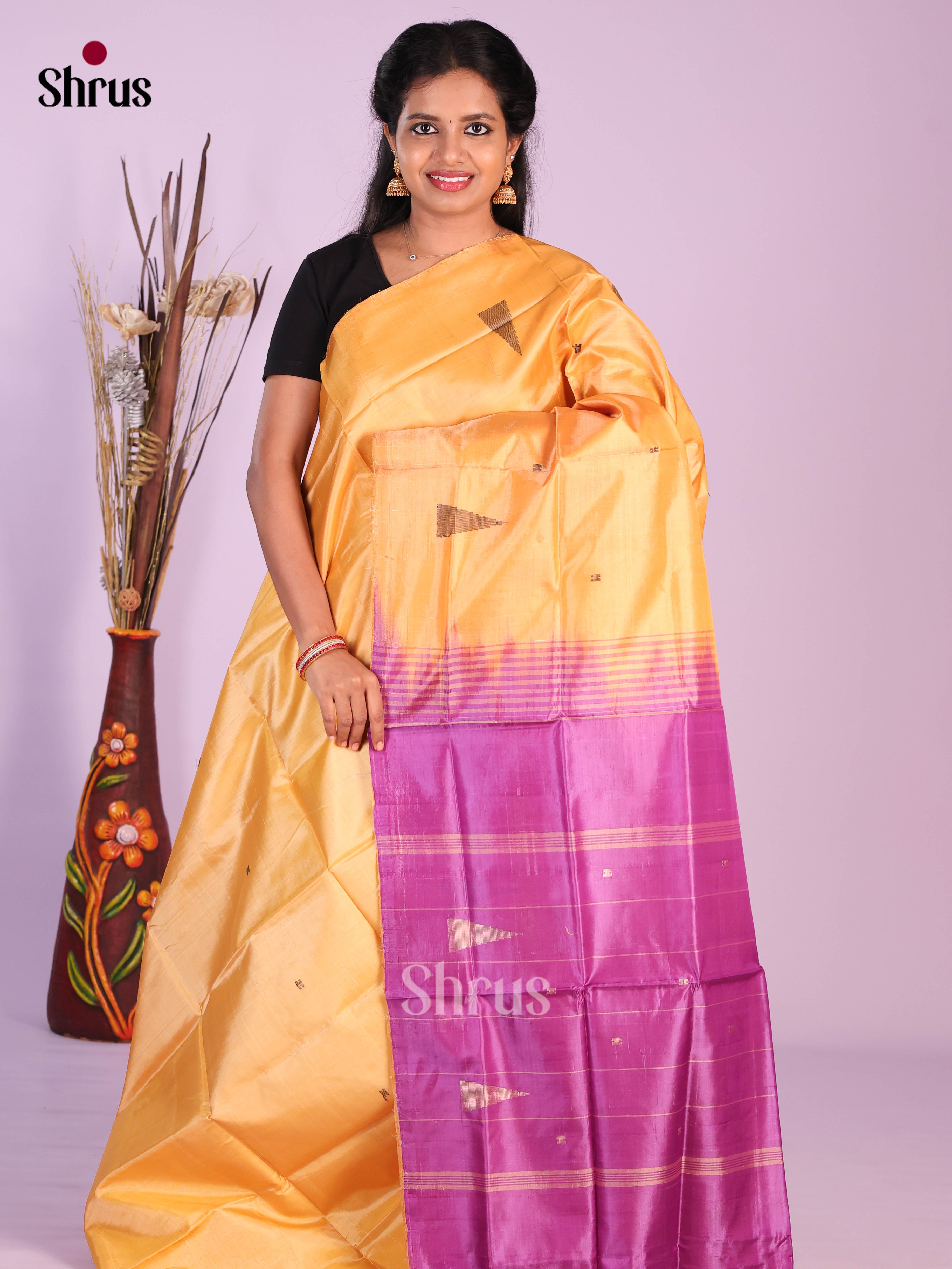 Yellow & Purple- Banana Pith without blouse Saree