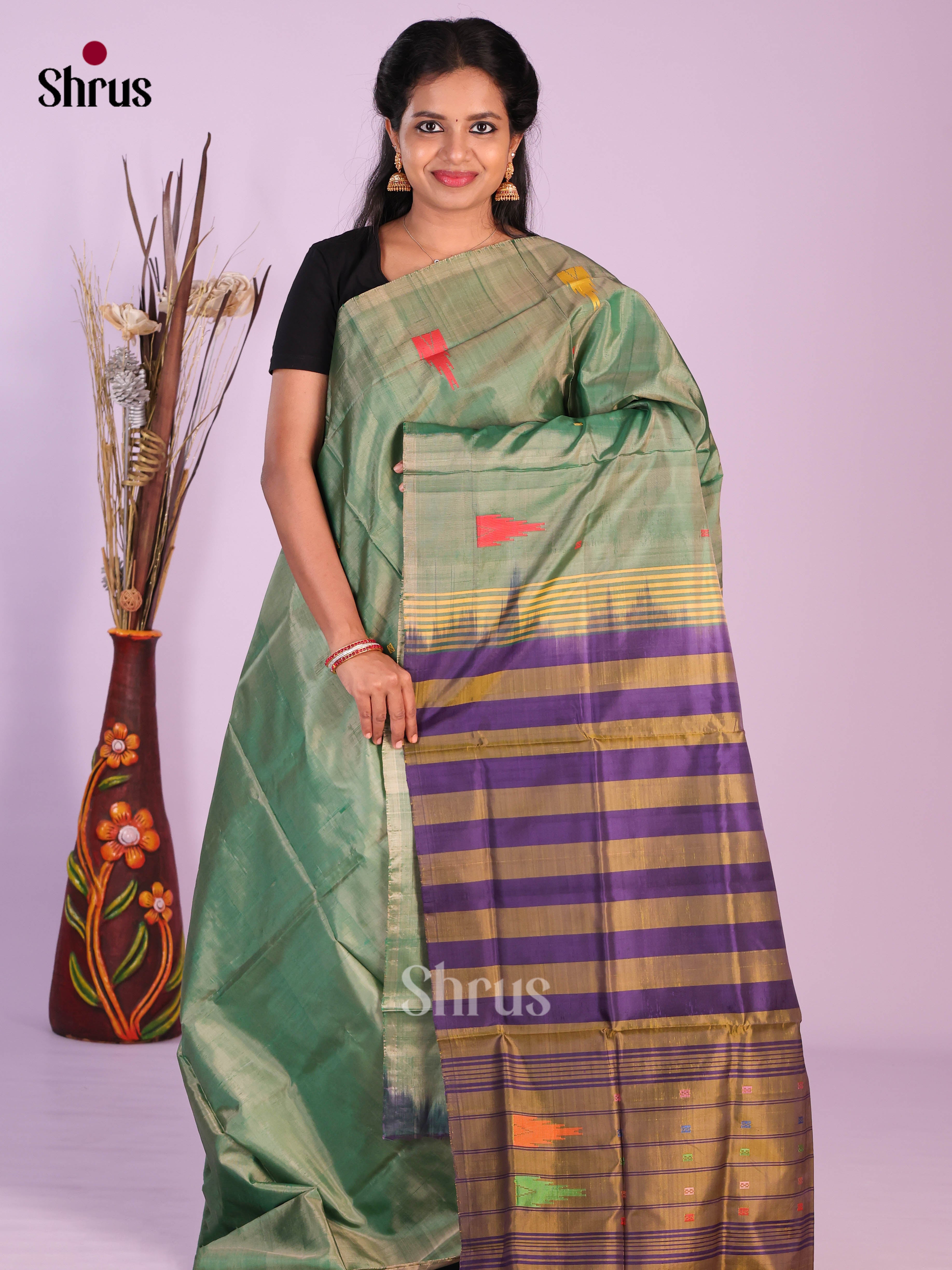 Green & Violet  - Banana Pith without blouse Saree - Shop on Shrus.com
