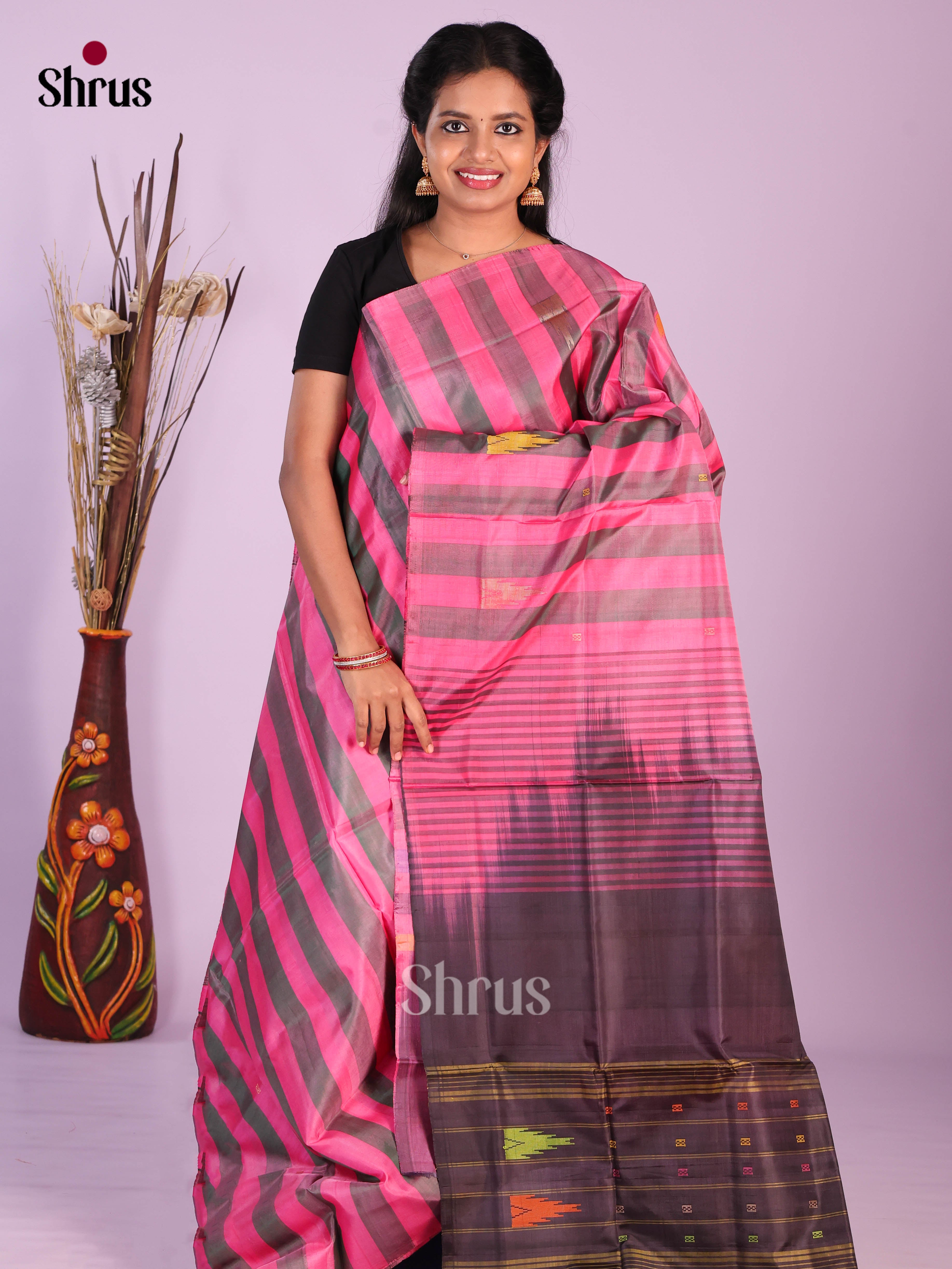 Pink & Brown - Banana Pith without blouse Saree - Shop on Shrus.com