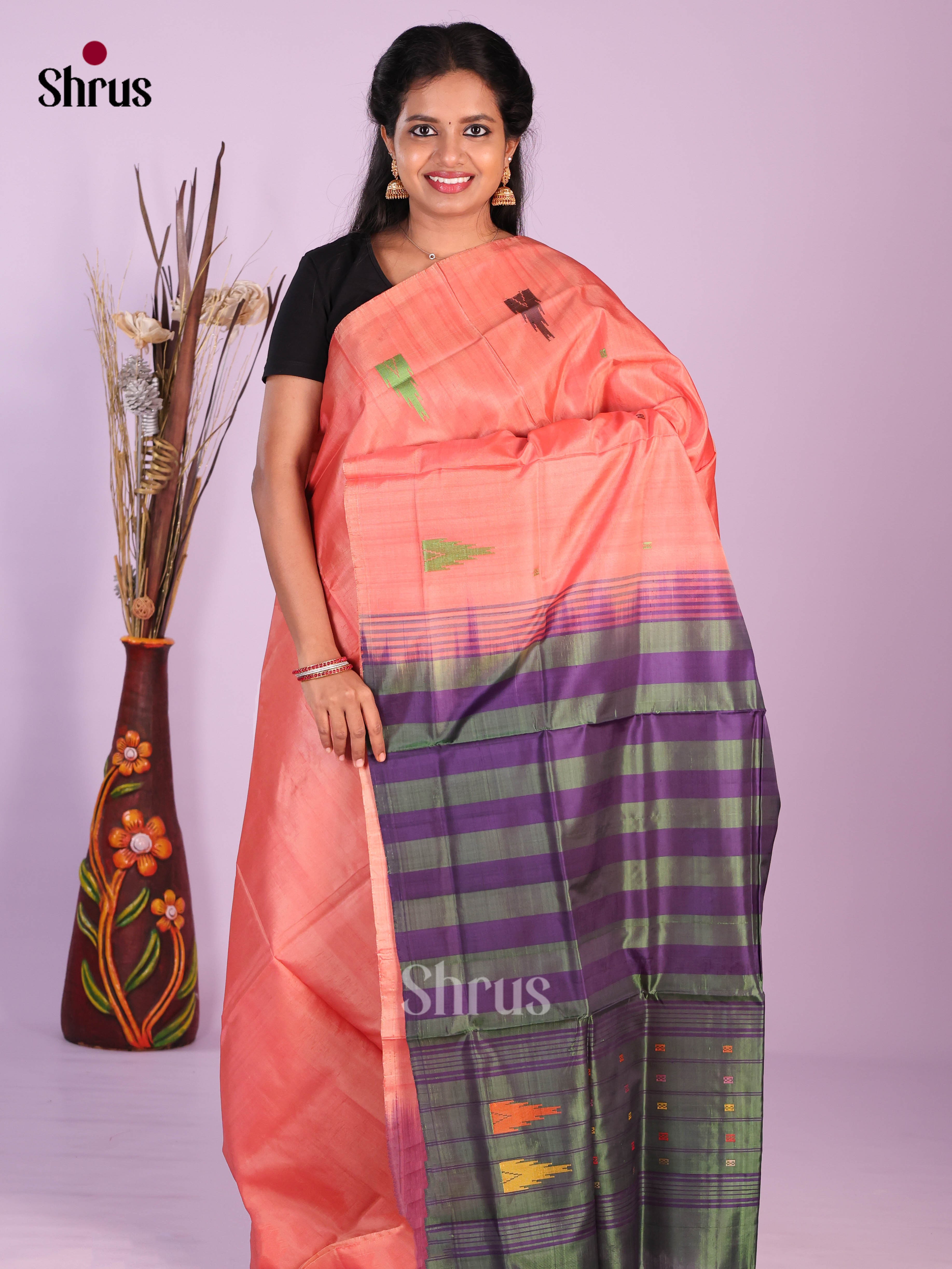 Peach & Green - Banana Pith without blouse Saree - Shop on Shrus.com