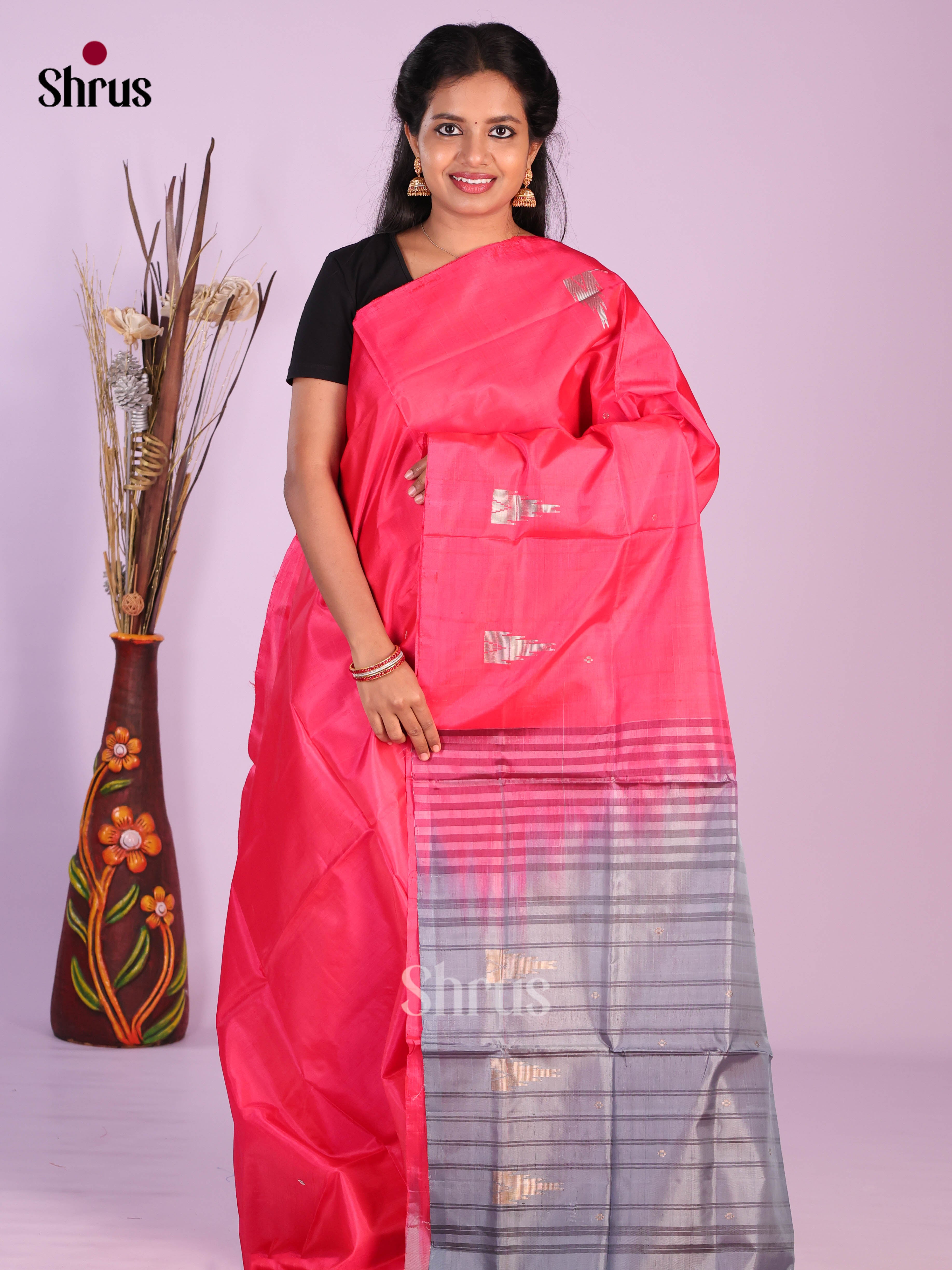 Pink  & Grey - Banana Pith without blouse Saree