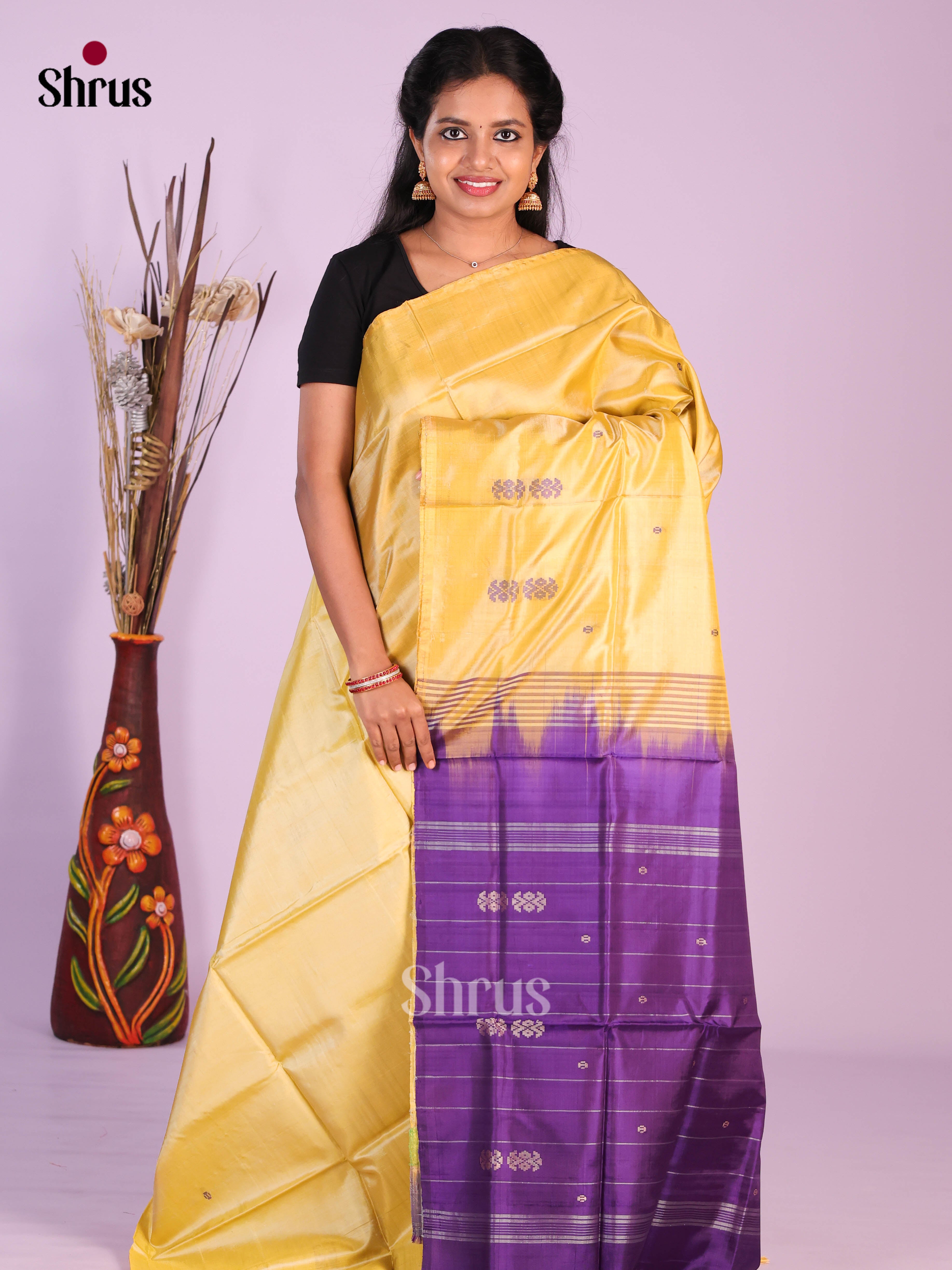 Yellow & Blue- Banana Pith without blouse Saree