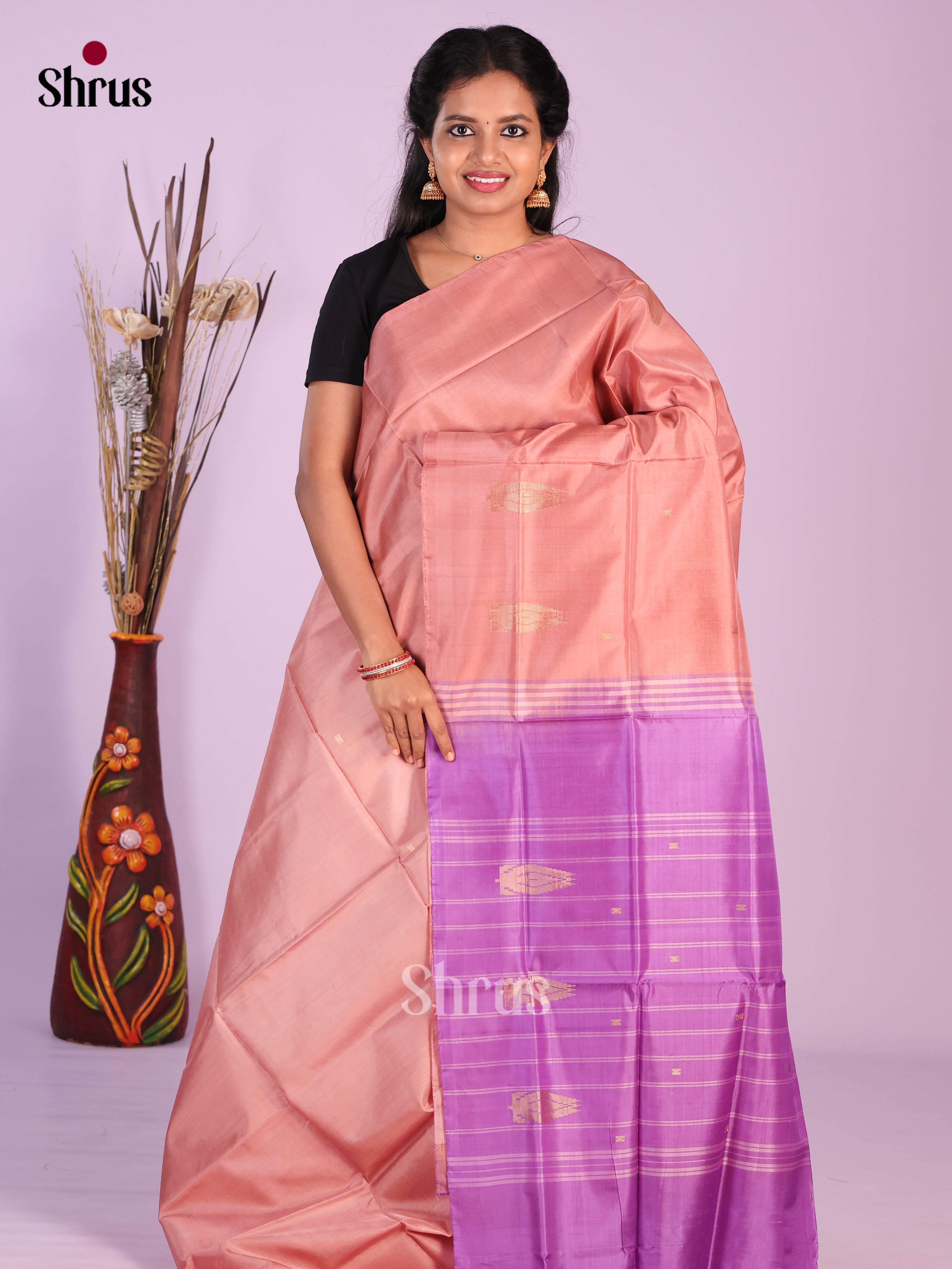 Dusty Pink  & Purple - Banana Pith without blouse Saree - Shop on Shrus.com