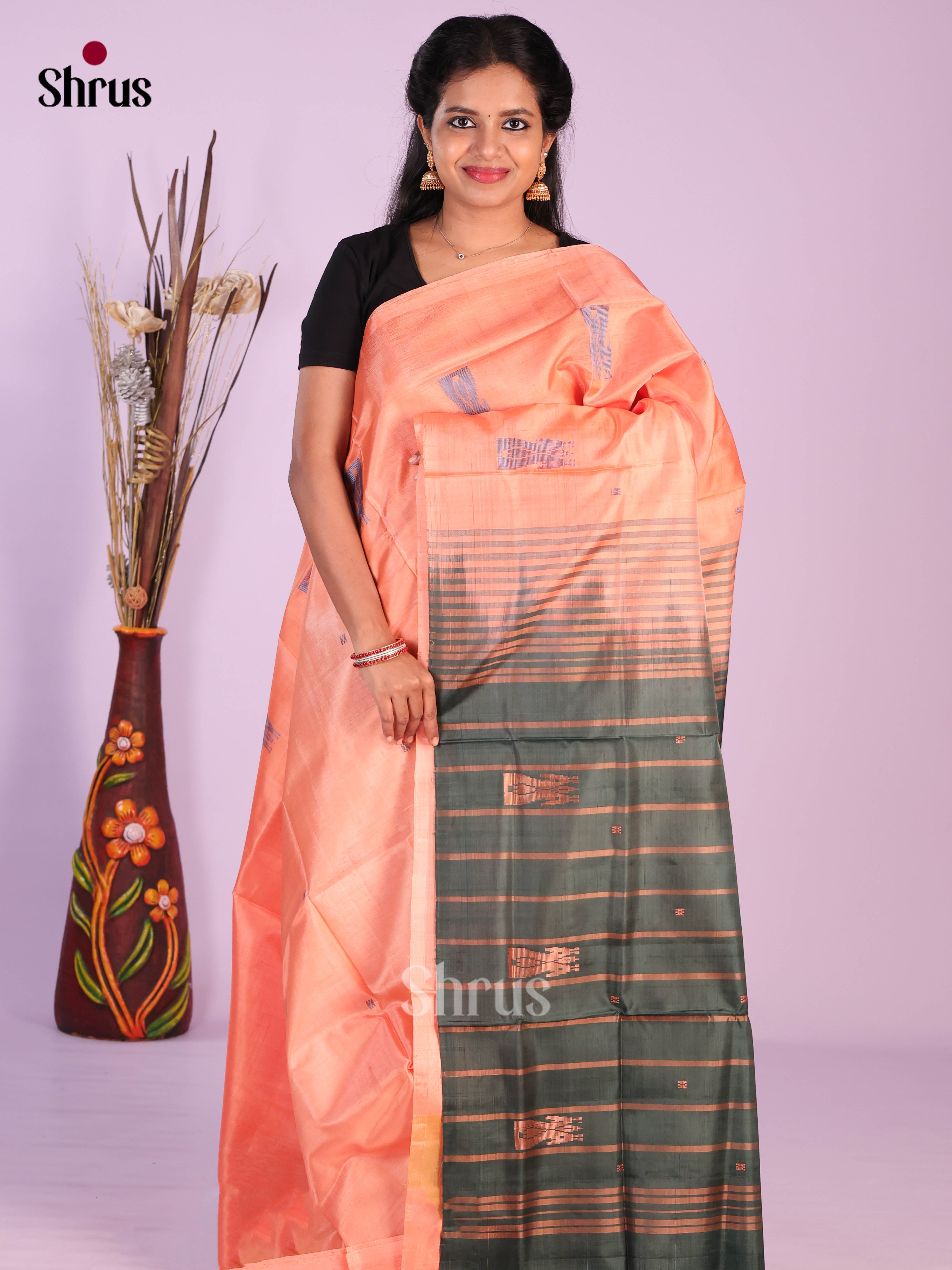 Peach & Green - Banana Pith without blouse Saree