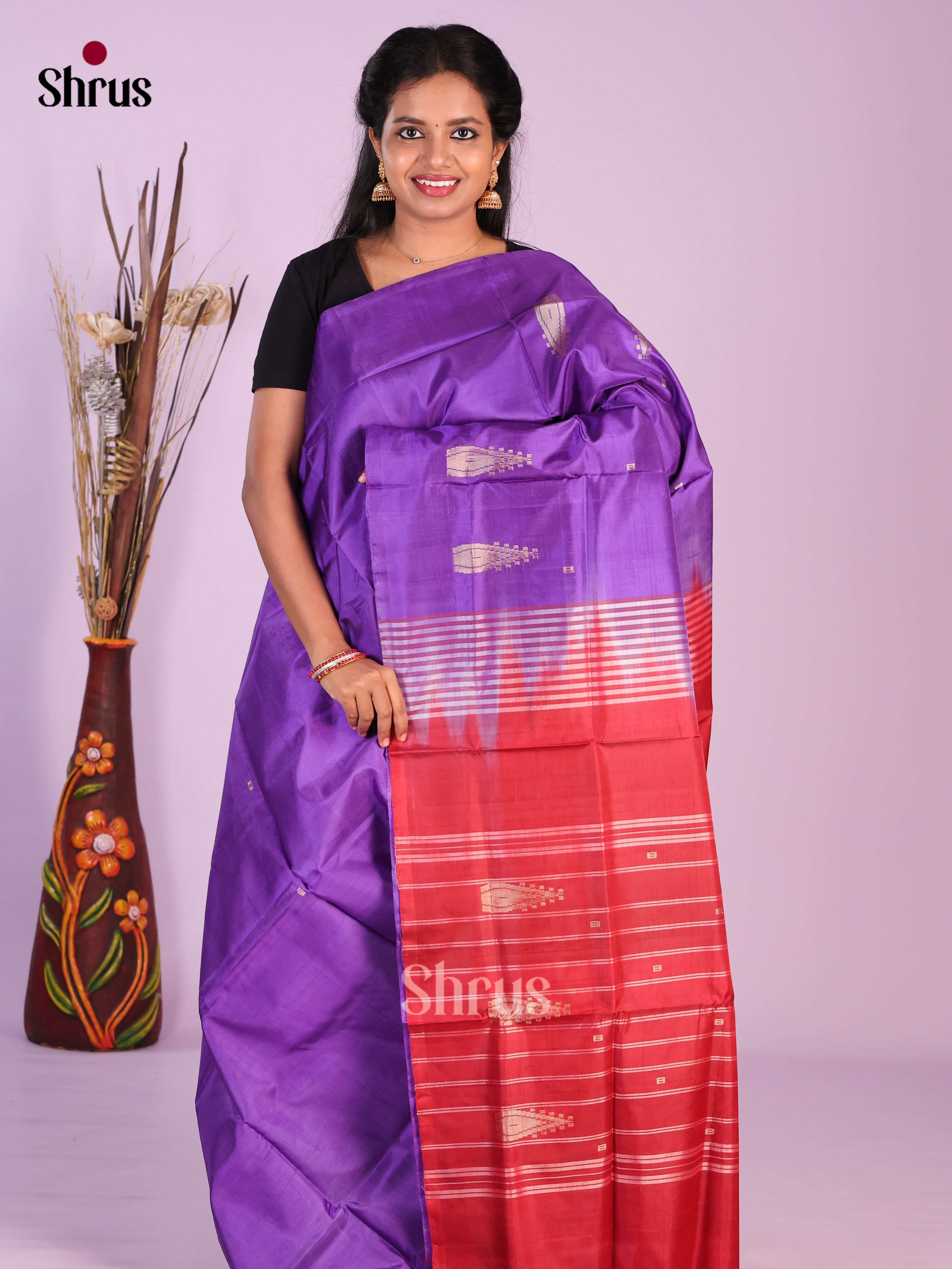 Purple & Red- Banana Pith without blouse Saree - Shop on Shrus.com