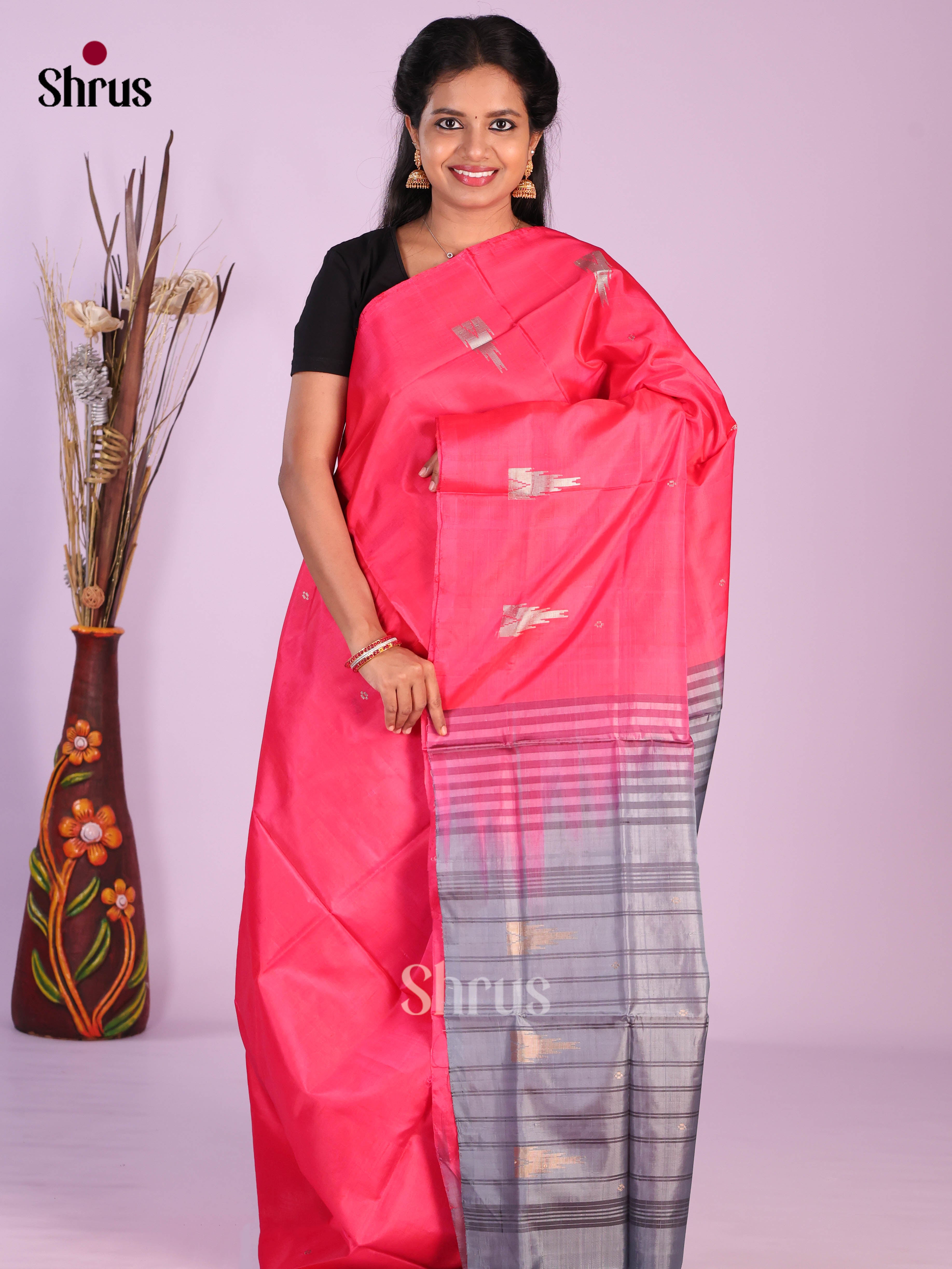 Pink & Grey- Banana Pith without blouse Saree