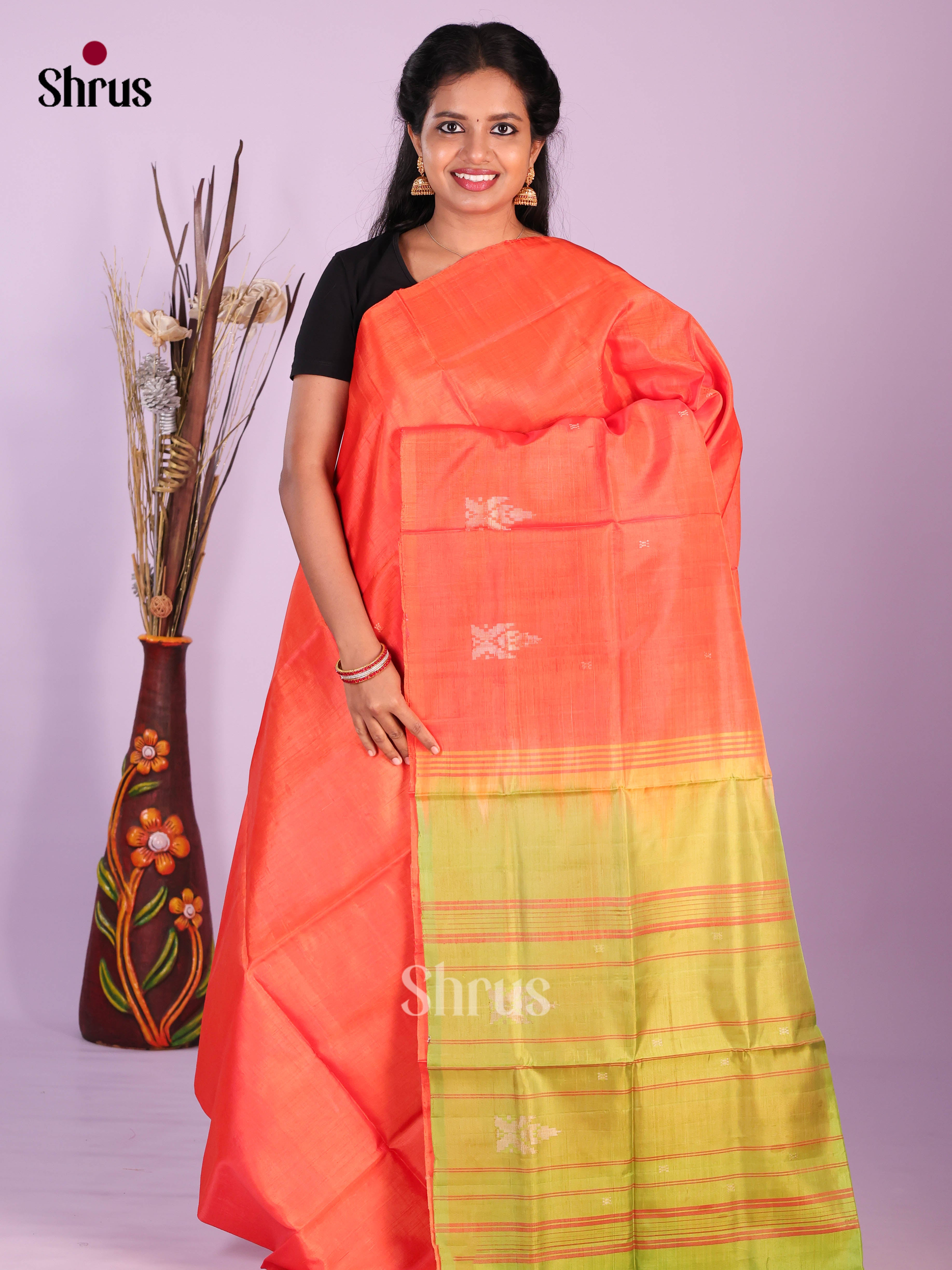 Orange & Green- Banana Pith without blouse Saree