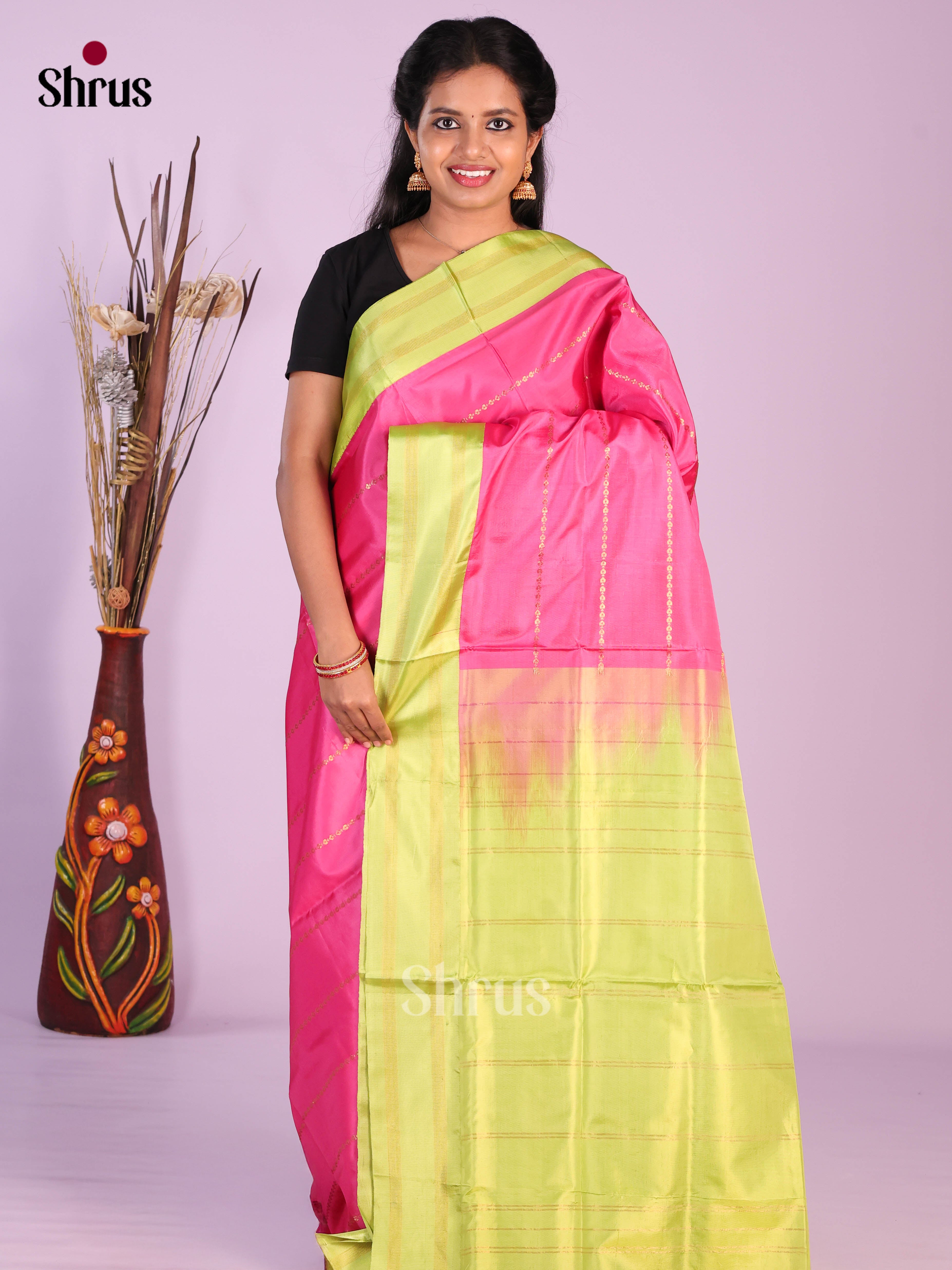 Pink & Light Green - Banana Pith Saree