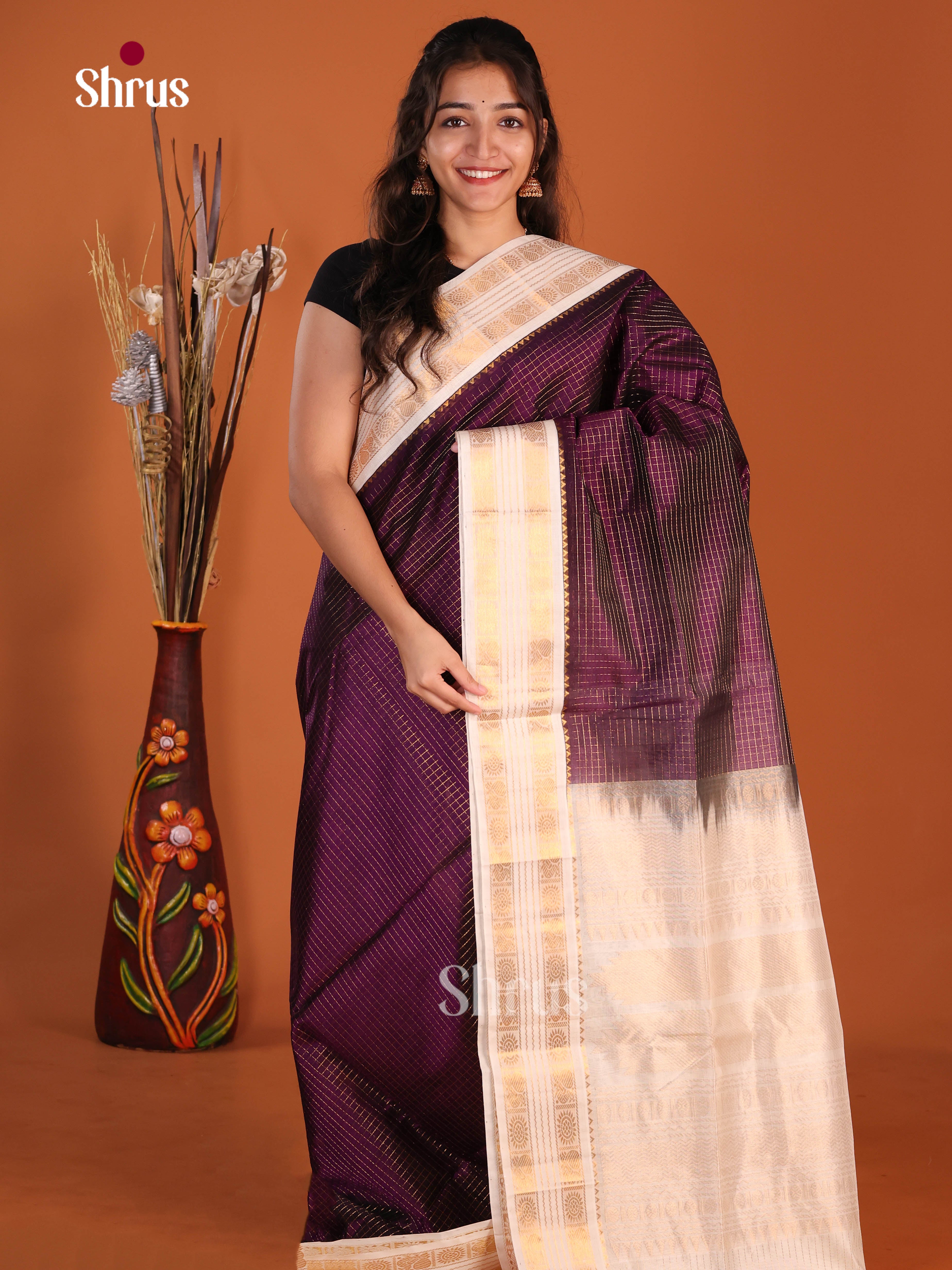 Jamun & Cream Silk Cotton Korvai-kattams Saree with rettaipet zari border - Shop on Shrus.com