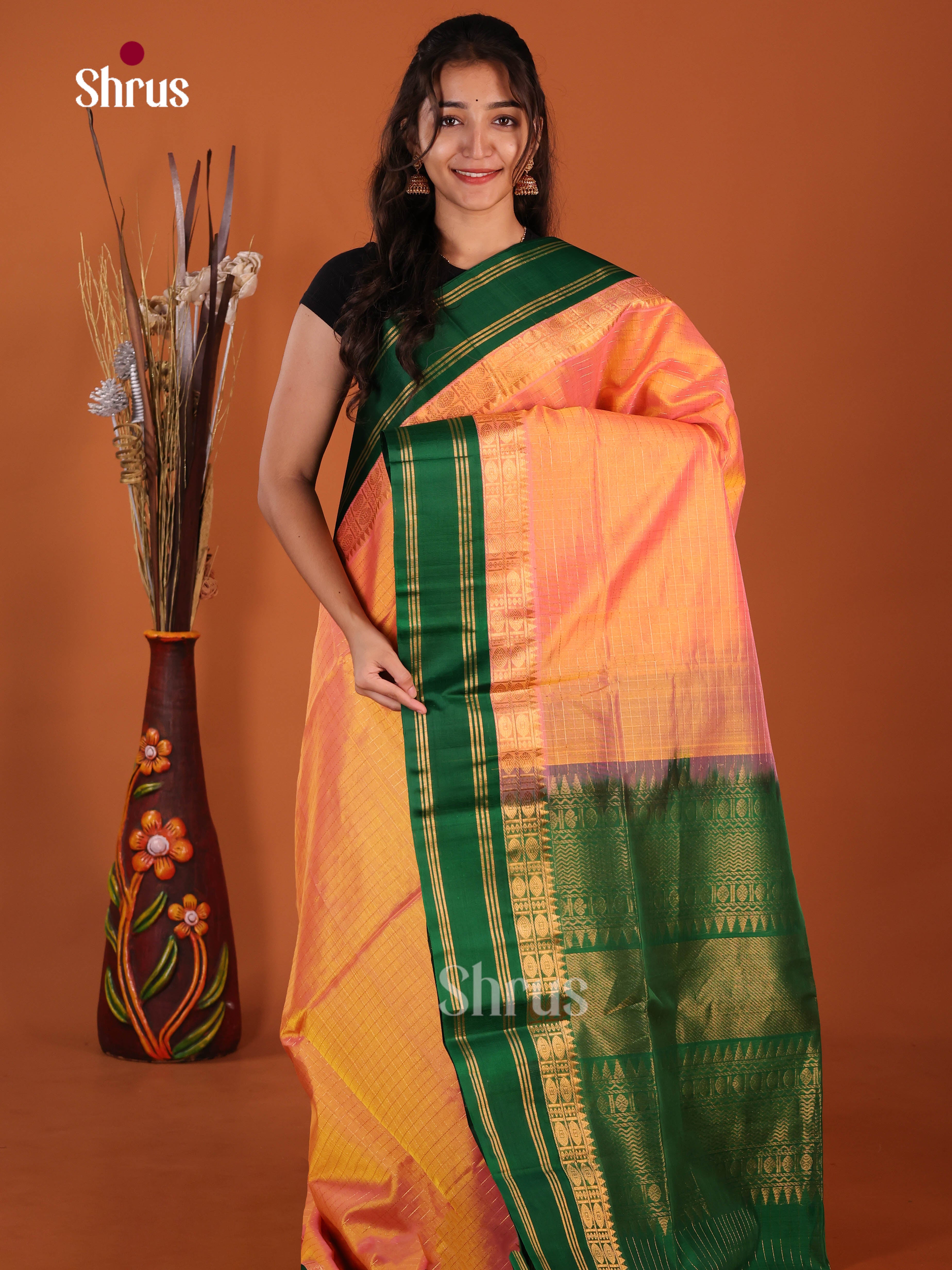 Orange & Green - Silk Cotton Korvai-kattams Saree