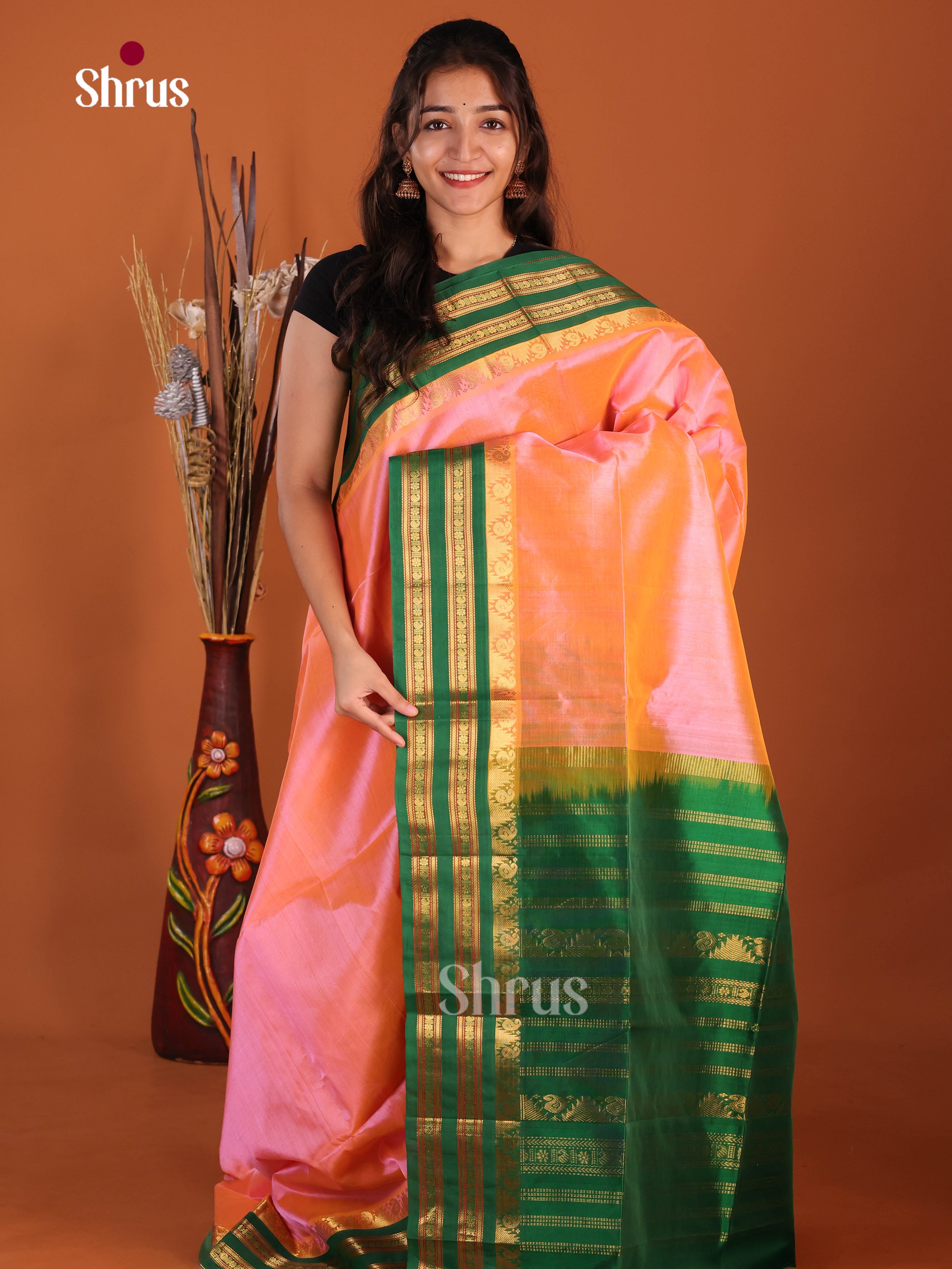 Orangish Pink & Green- Silk Cotton Korvai-Big border Saree