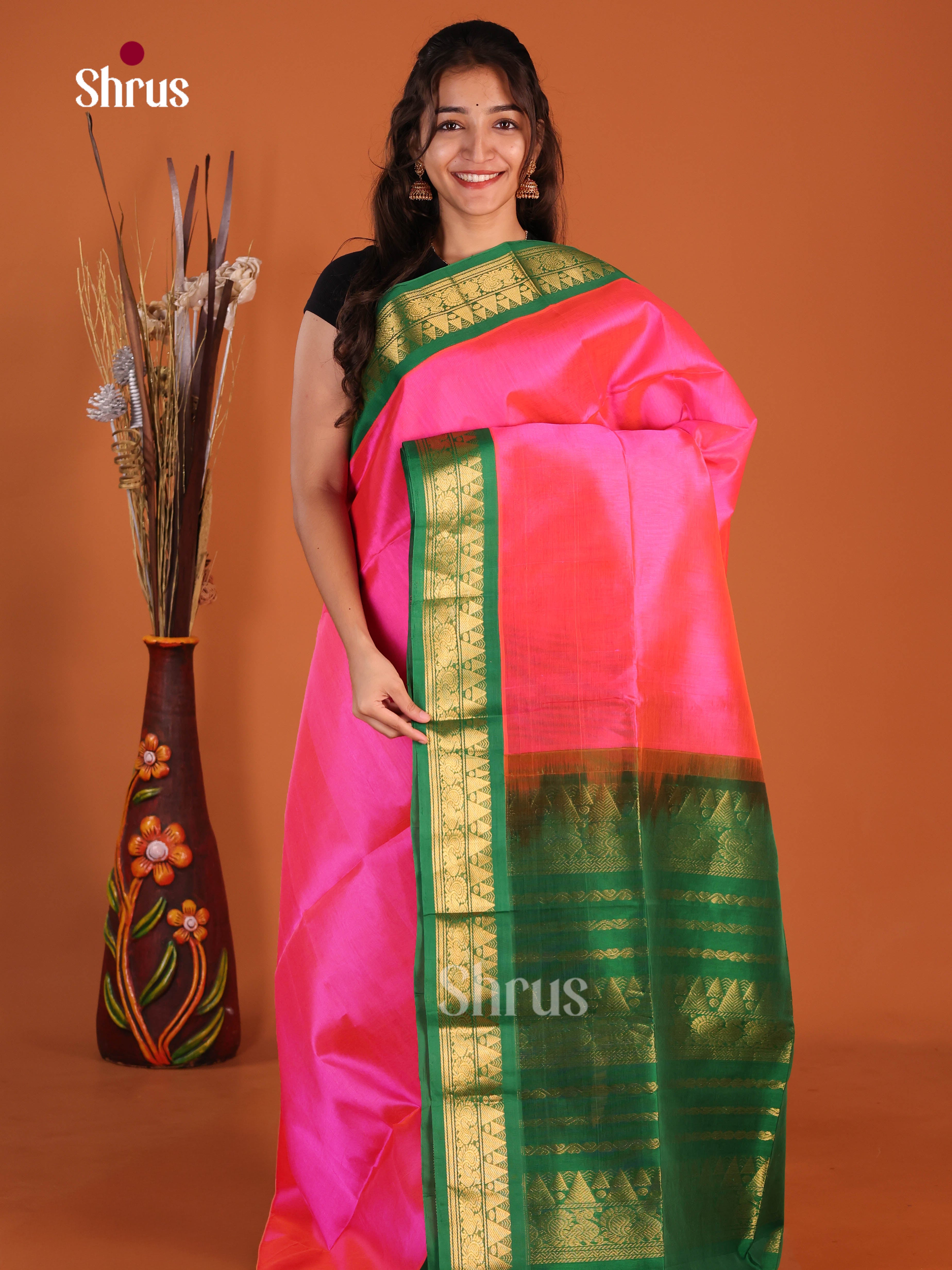 Pink & Green Silk Cotton Korvai-Big border Saree