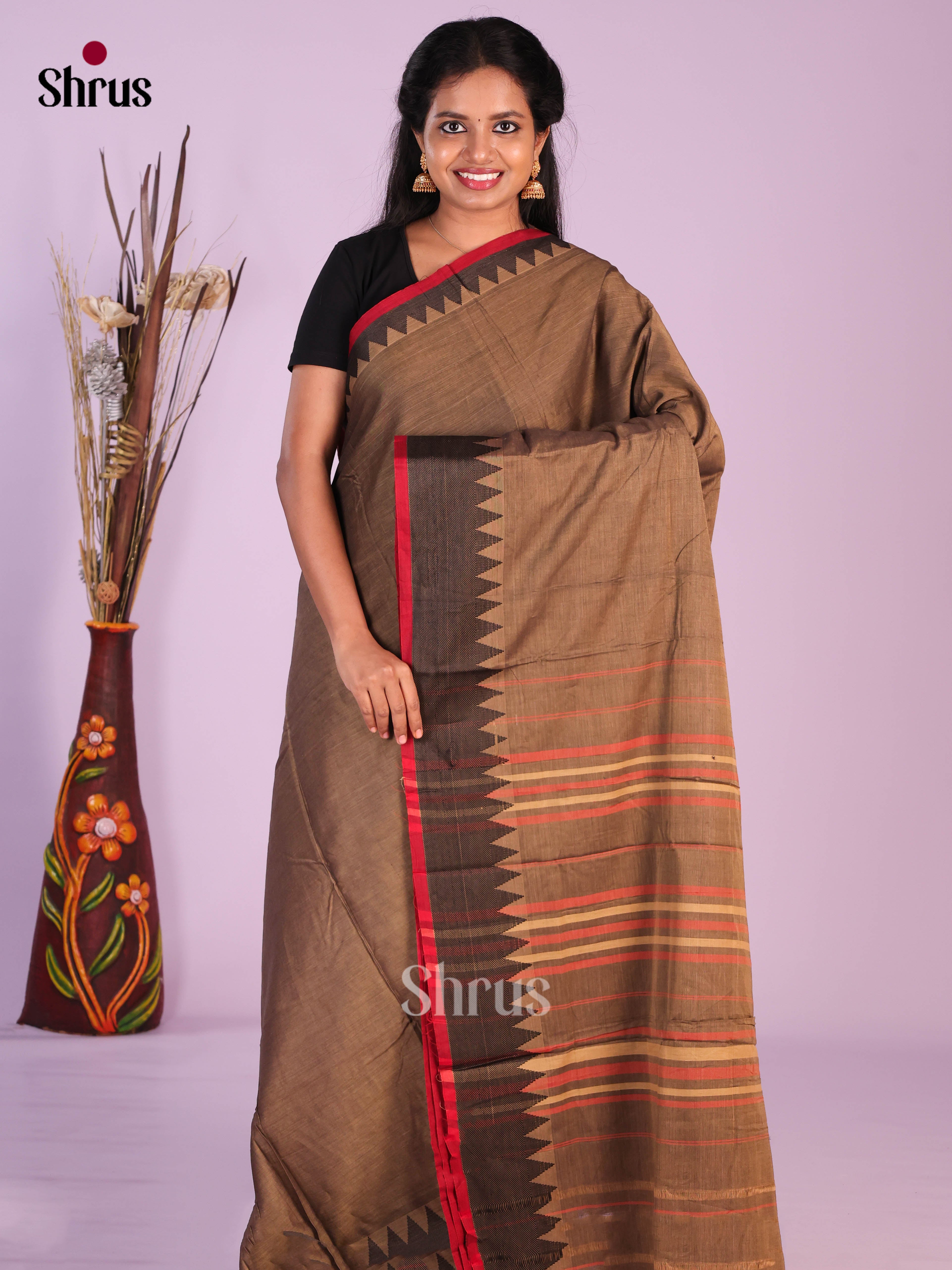 Light Brown & Red - Narayanpet Cotton Saree