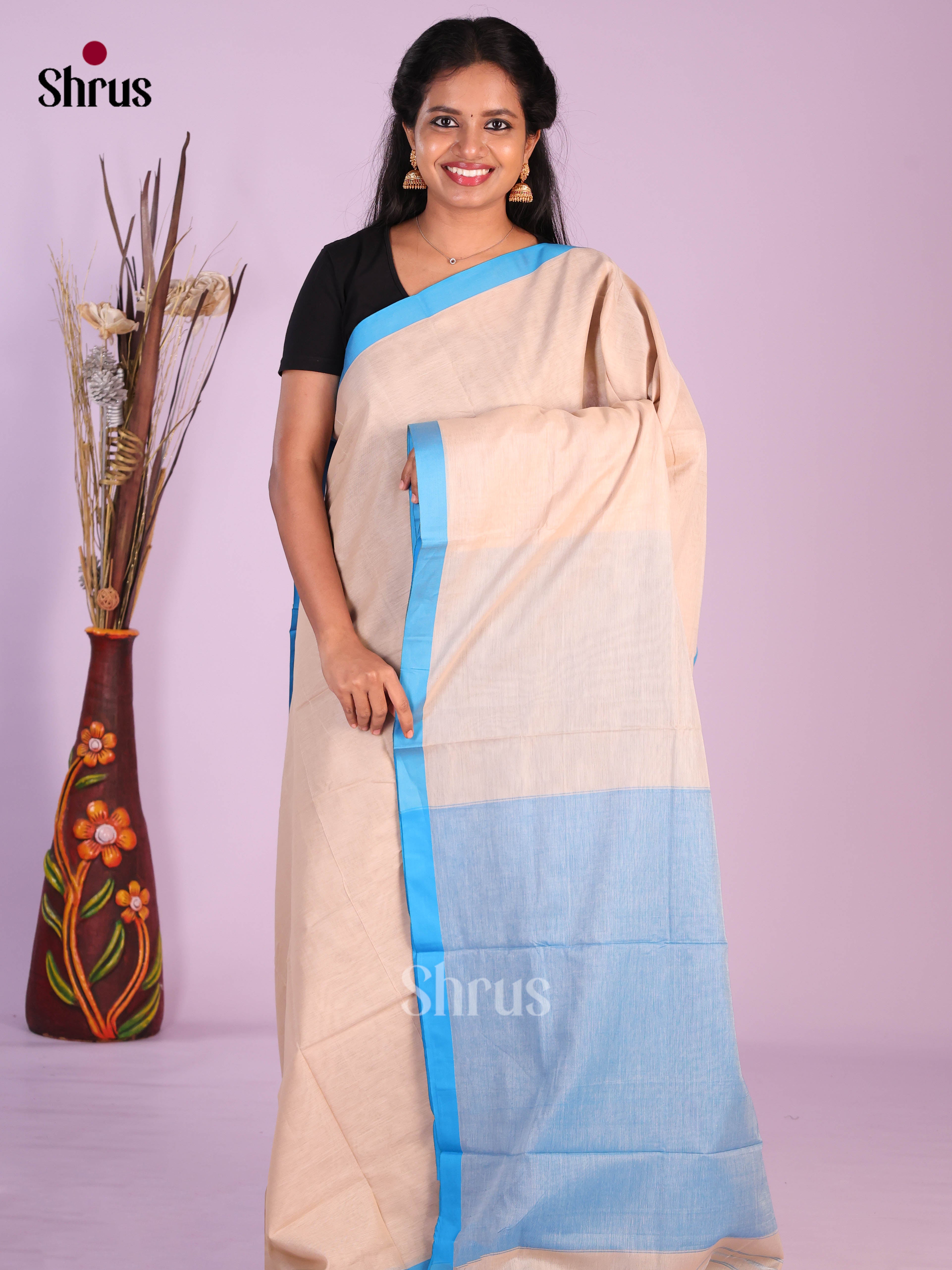 Cream & Blue - Narayanpet Cotton Saree
