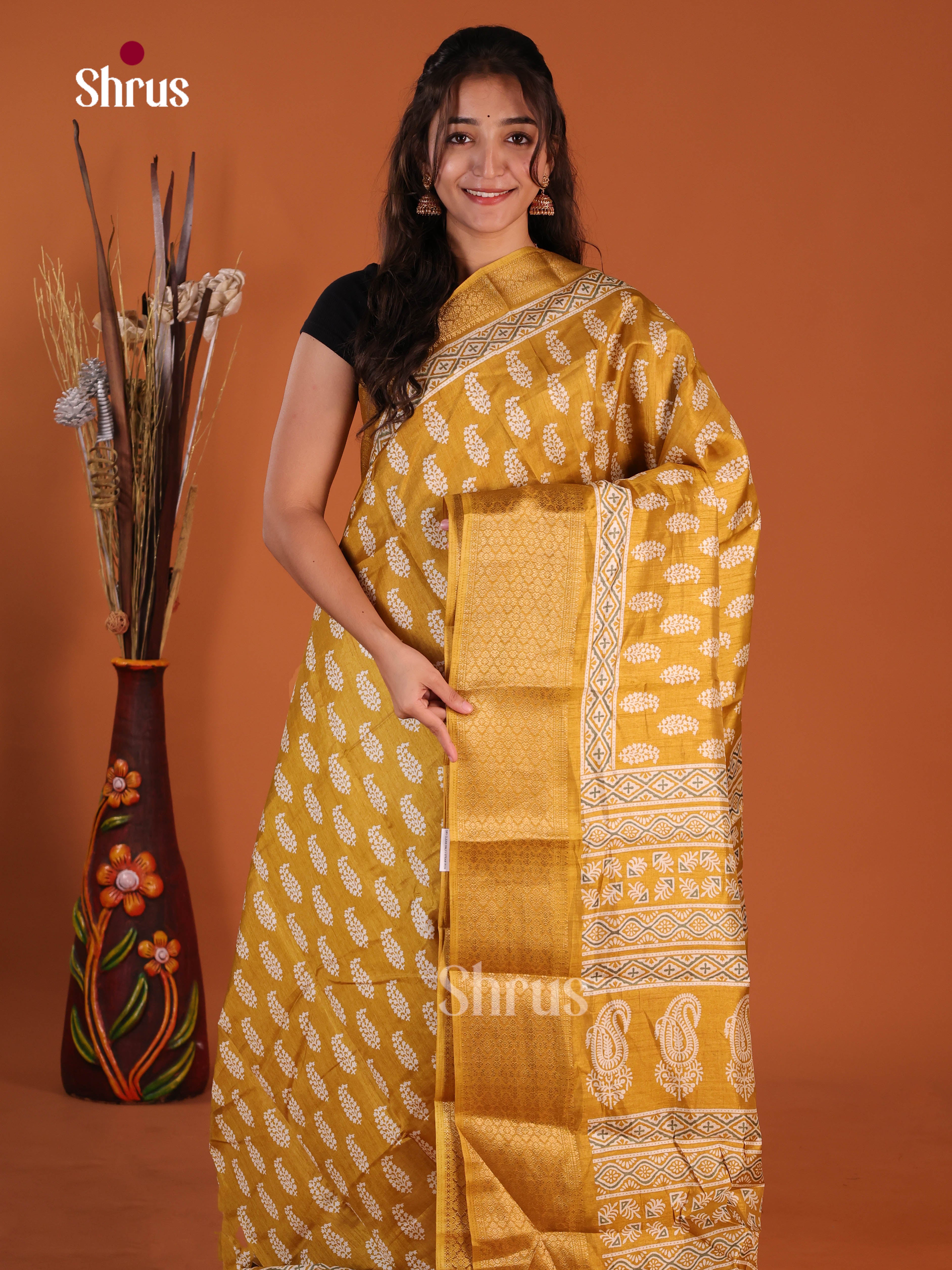 Mustard - Semi Crepe Saree