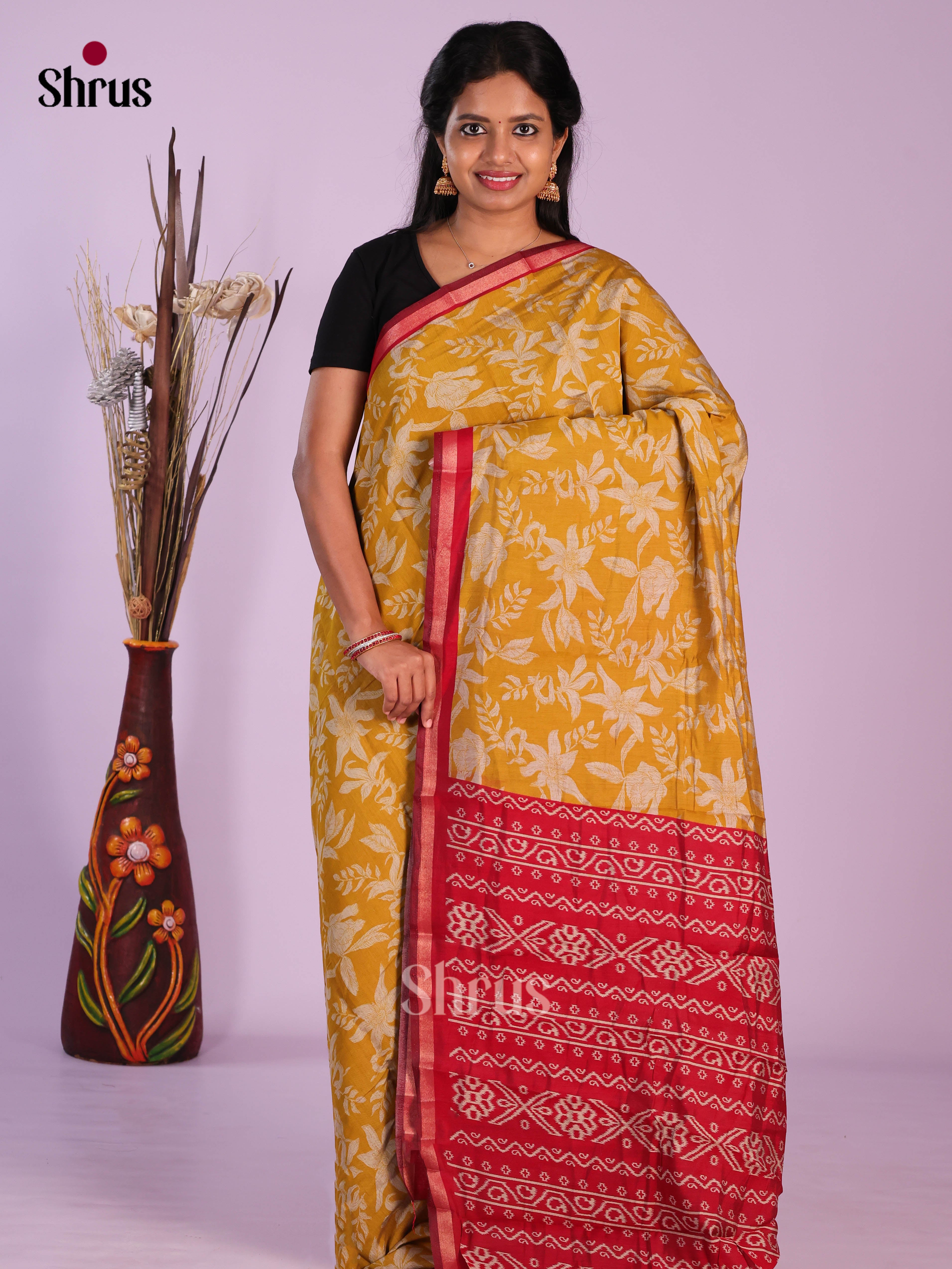 Mustard & Red- Art Modal Saree - Shop on Shrus.com