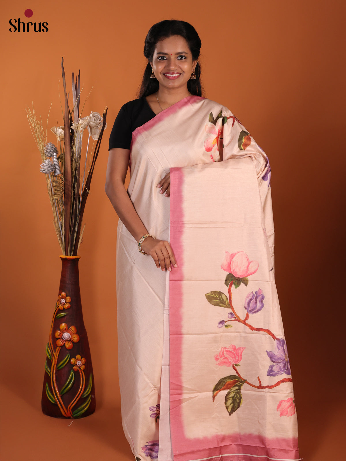 Cream & Pink- Semi Modal  Saree