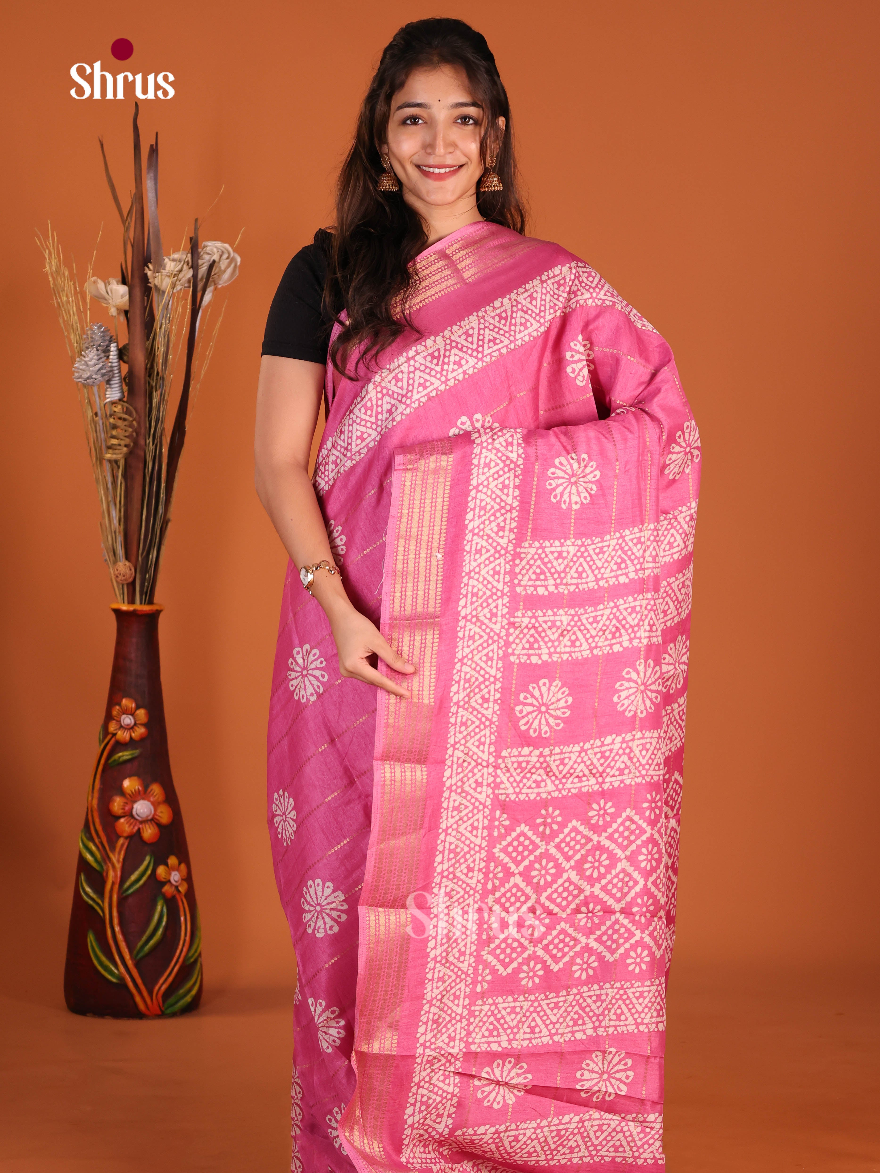 Pink - Semi Crepe Saree