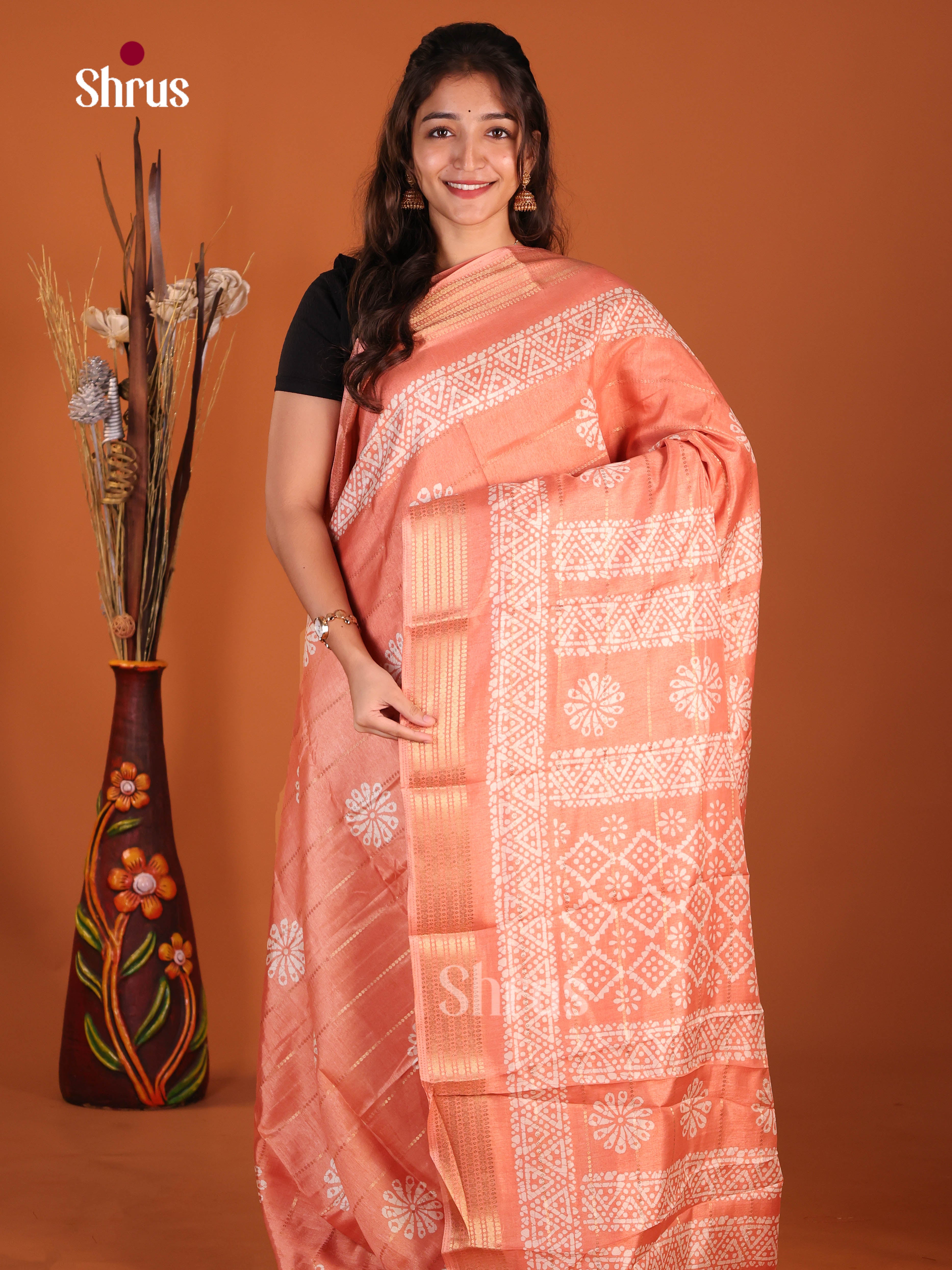 Orangish Pink - Semi Crepe Saree