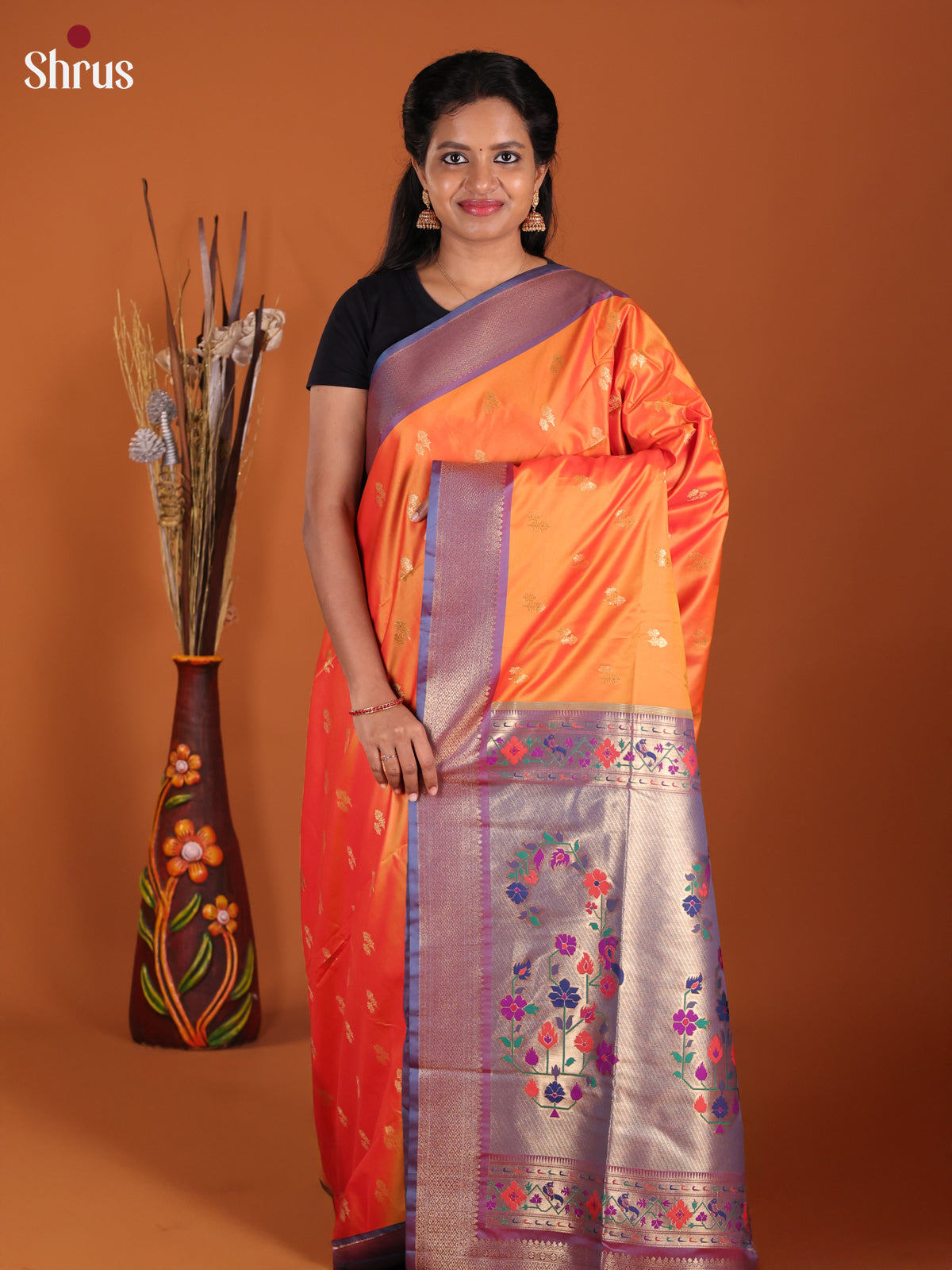Orange & Purple- Semi Softsilk Saree