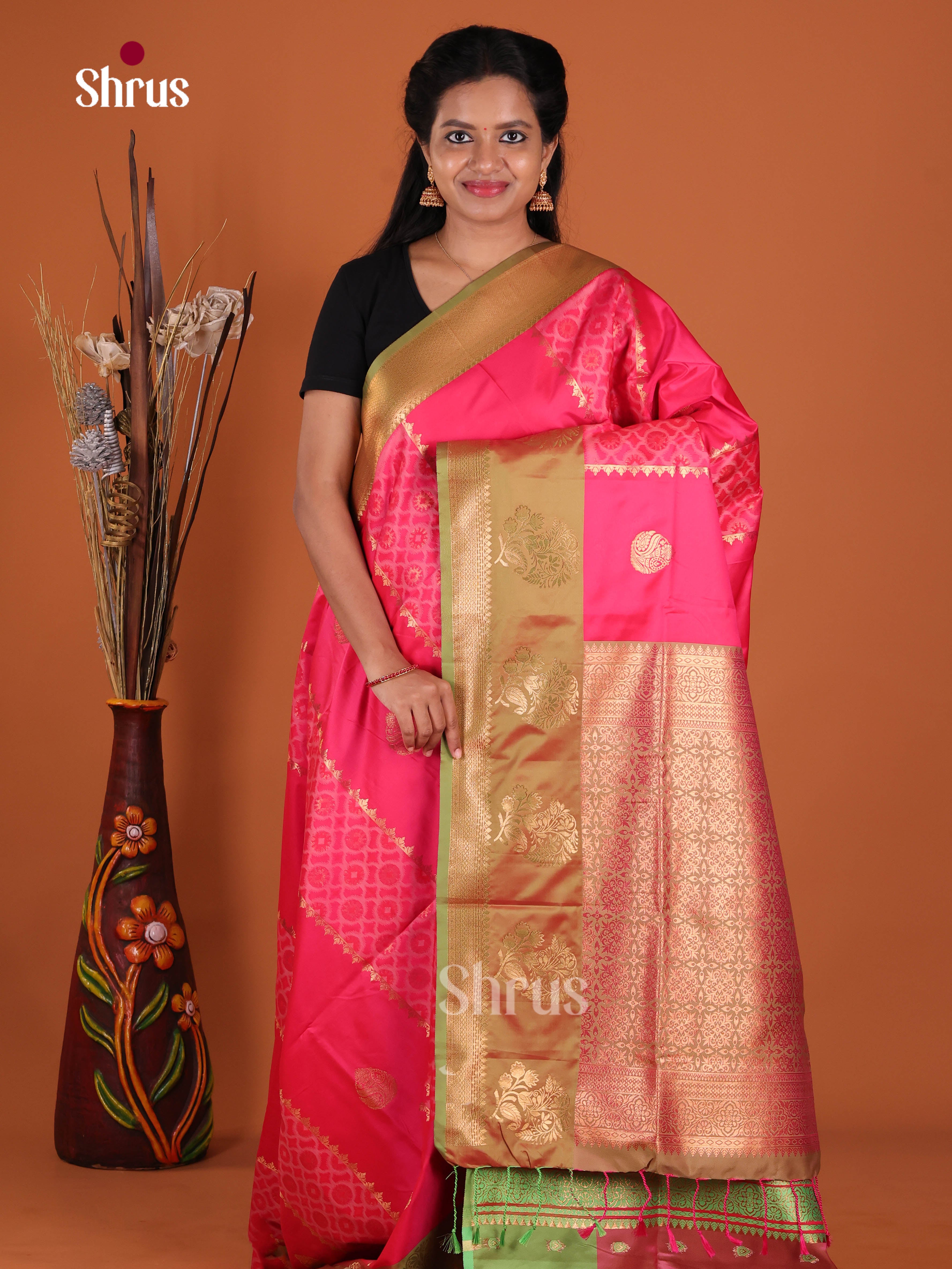 Pink & Green - Semi Softsilk Saree