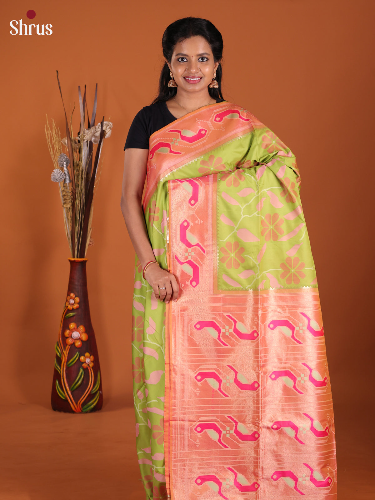 Light Green & Orangish Pink - Semi Softsilk Saree