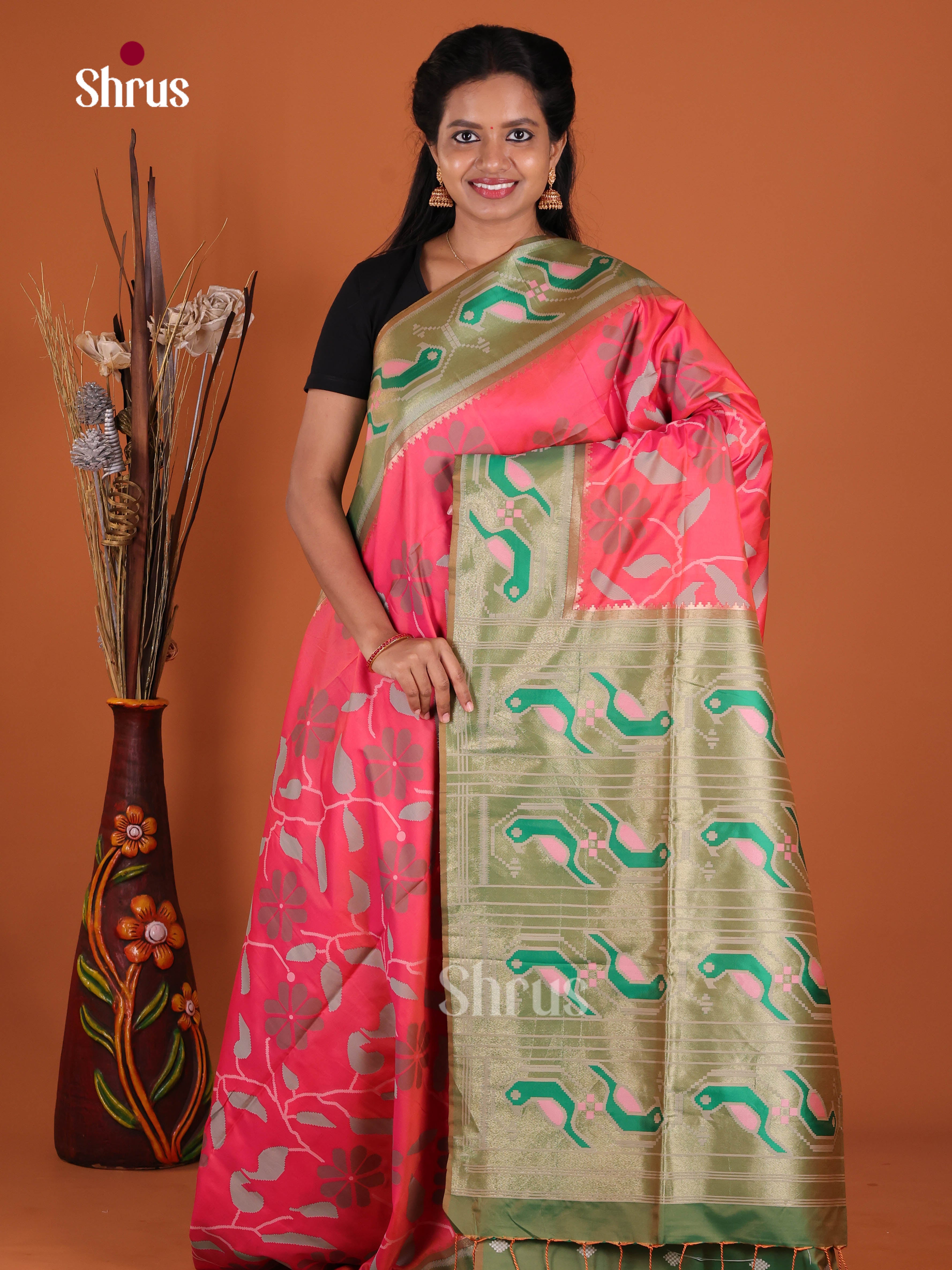 Pink & Green- Semi Softsilk Saree