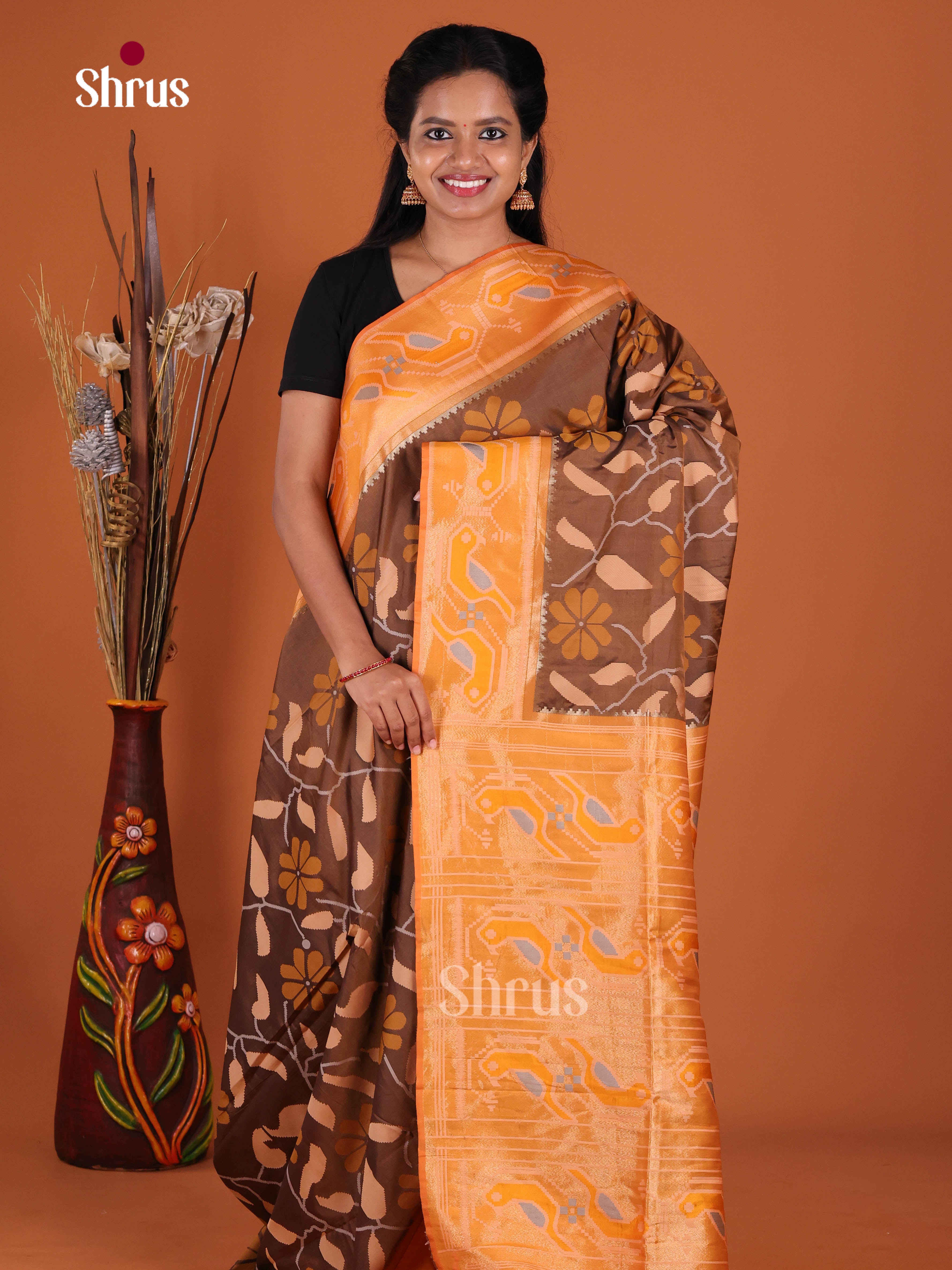 Brown &  Mustard - Semi Softsilk Saree