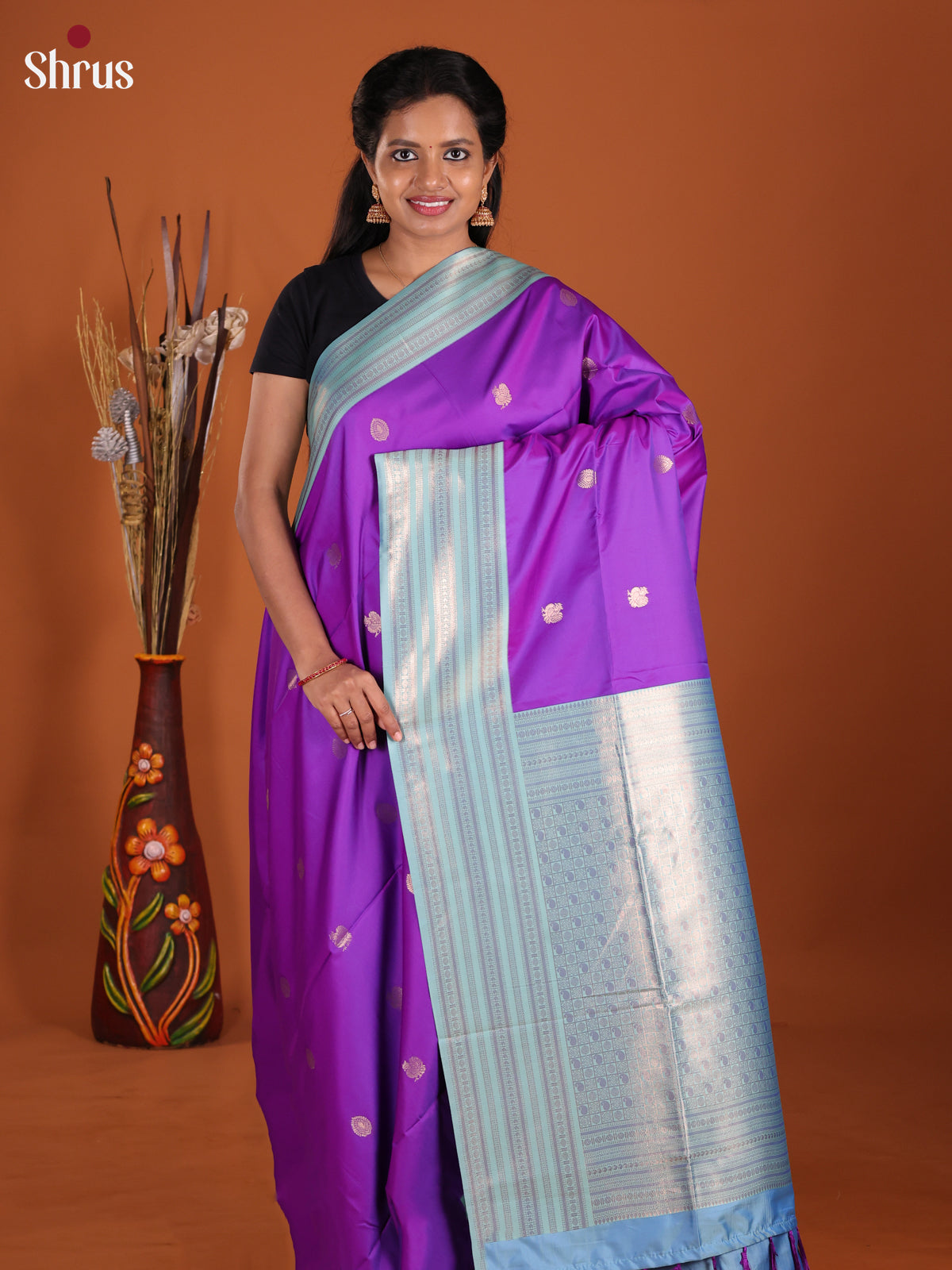 Purple & Blue - Semi Softsilk Saree