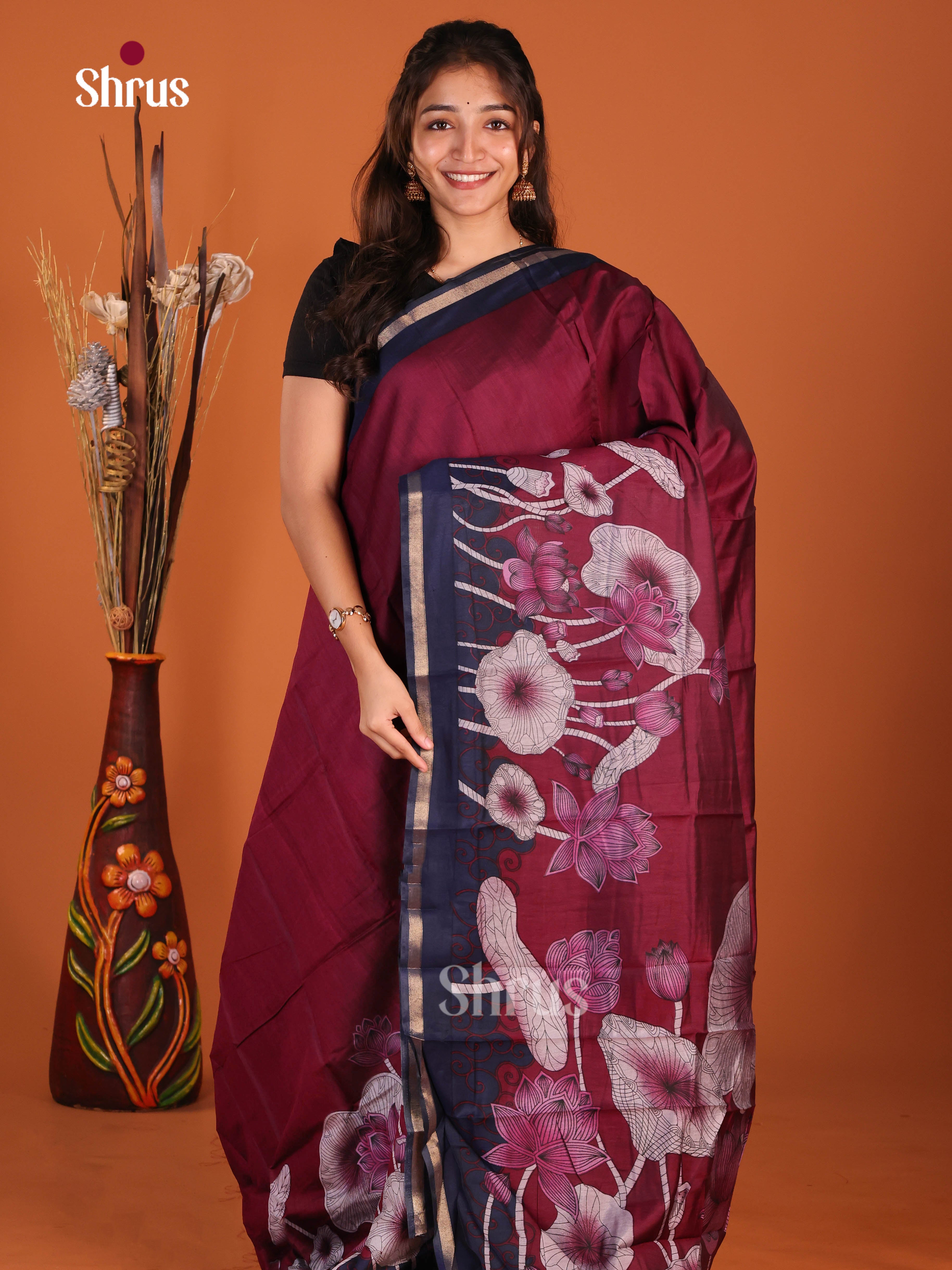 Maroon & Blue - Art Modal Saree - Shop on Shrus.com