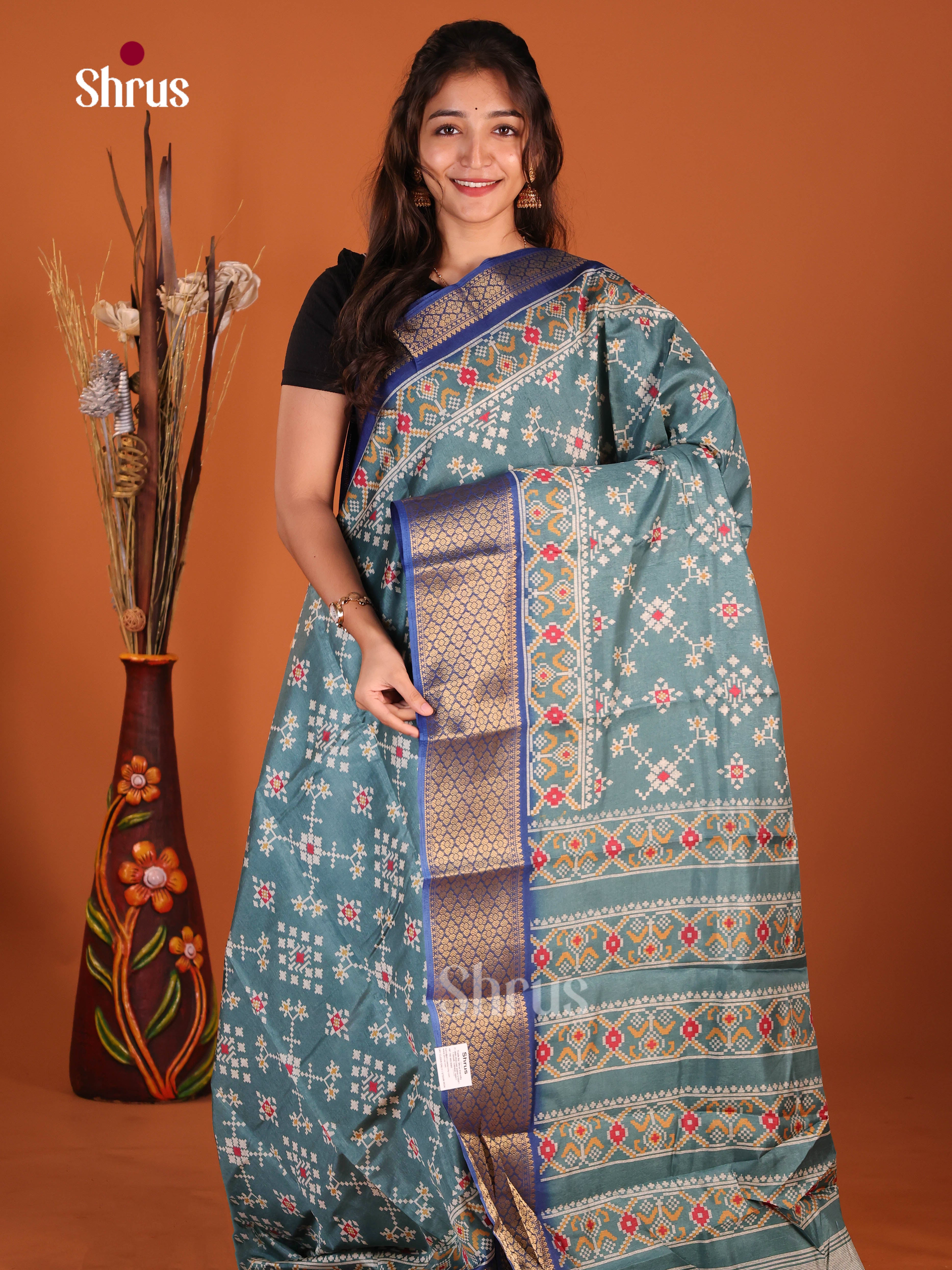 Grey & Blue - Semi Crepe Saree
