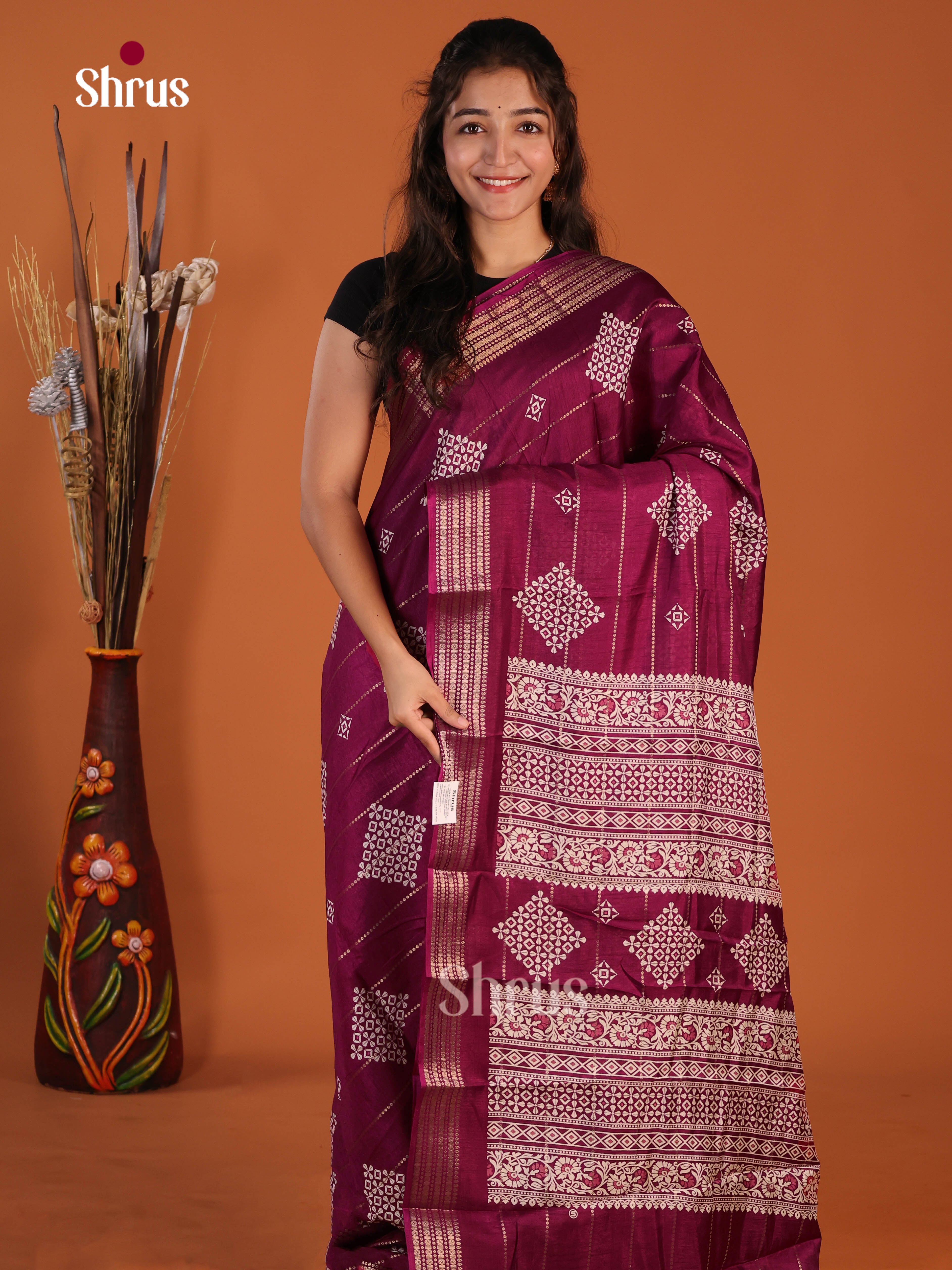 Wine- Semi Crepe Saree - Shop on Shrus.com