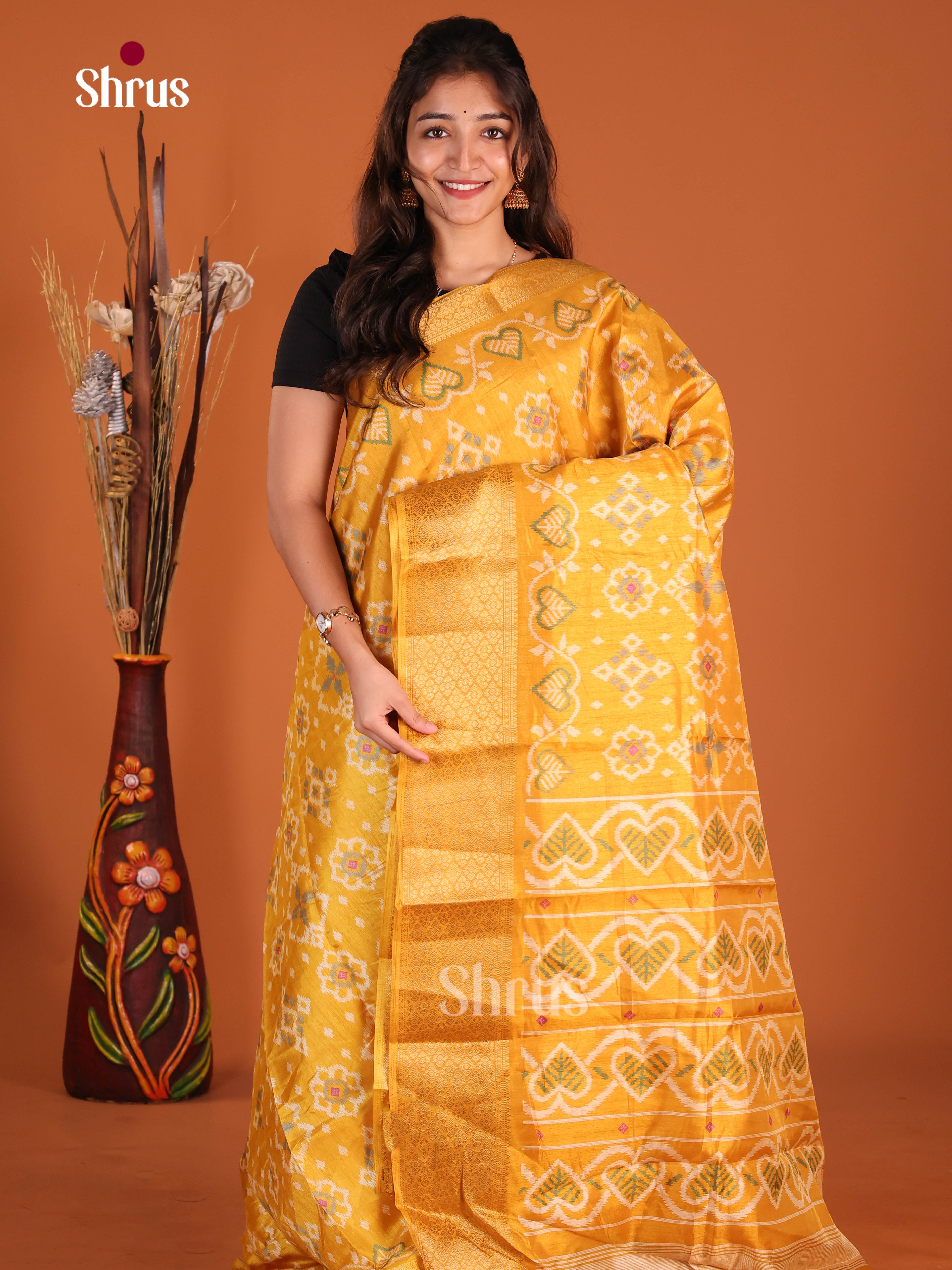 Yellow- Semi Crepe Saree - Shop on Shrus.com